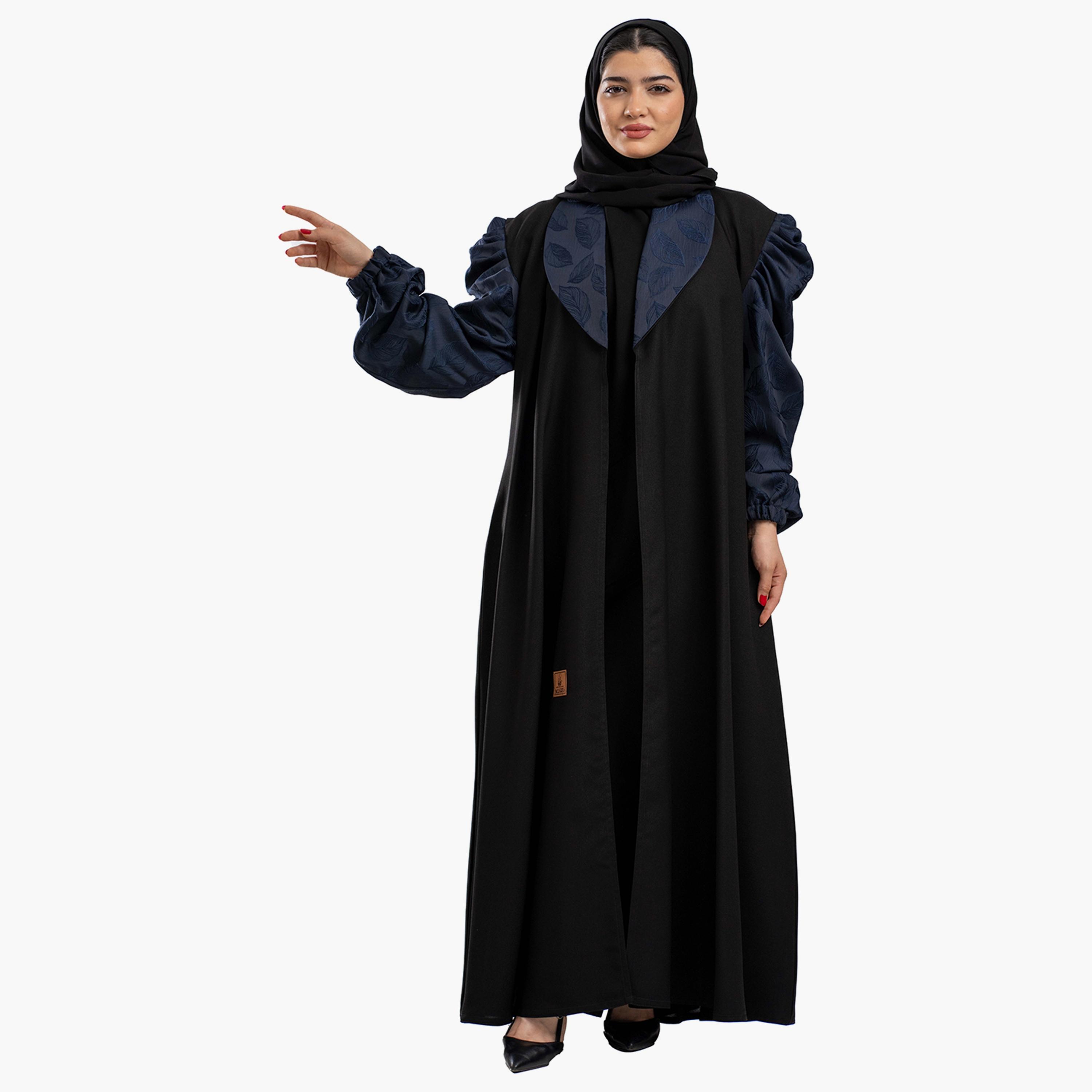 Zahiyh Black Puff Sleeves Shawl Lapel Embroidered Abaya with Tarha-women-arabicclothing-abayas-image-2