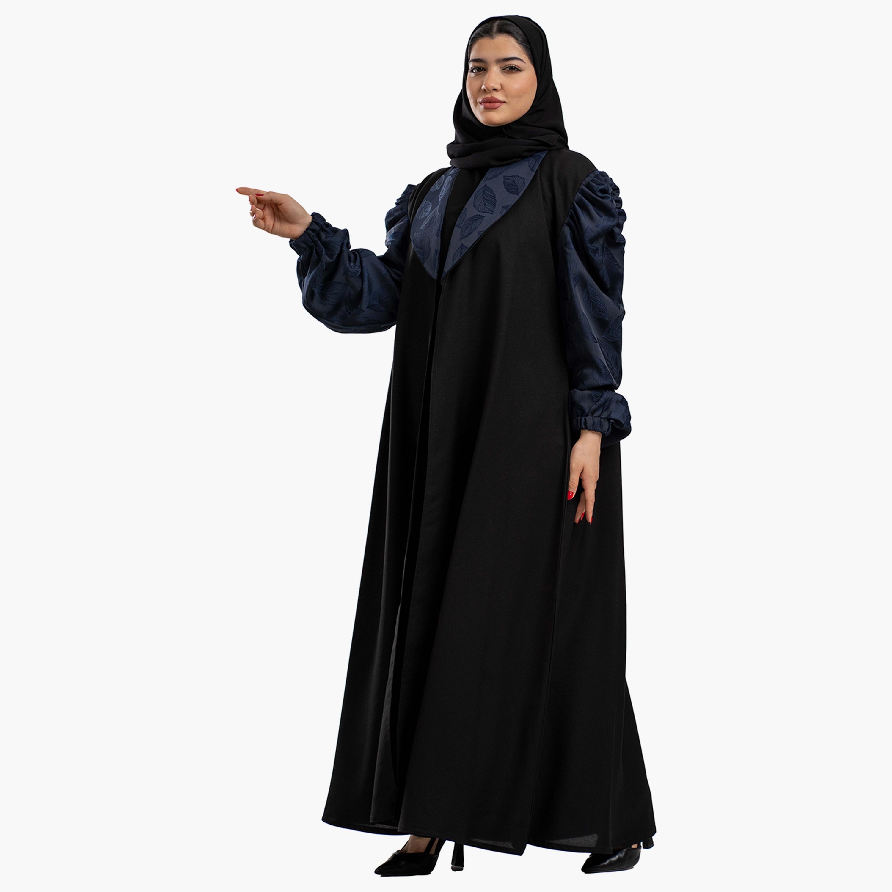 Zahiyh Black Puff Sleeves Shawl Lapel Embroidered Abaya with Tarha-women-arabicclothing-abayas-image-3