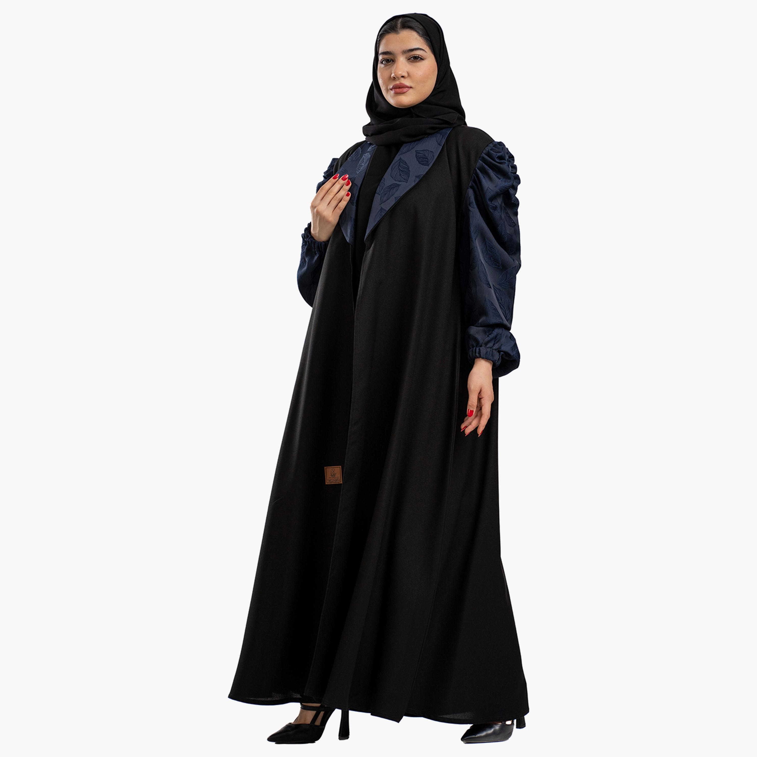 Zahiyh Black Puff Sleeves Shawl Lapel Embroidered Abaya with Tarha-women-arabicclothing-abayas-image-4