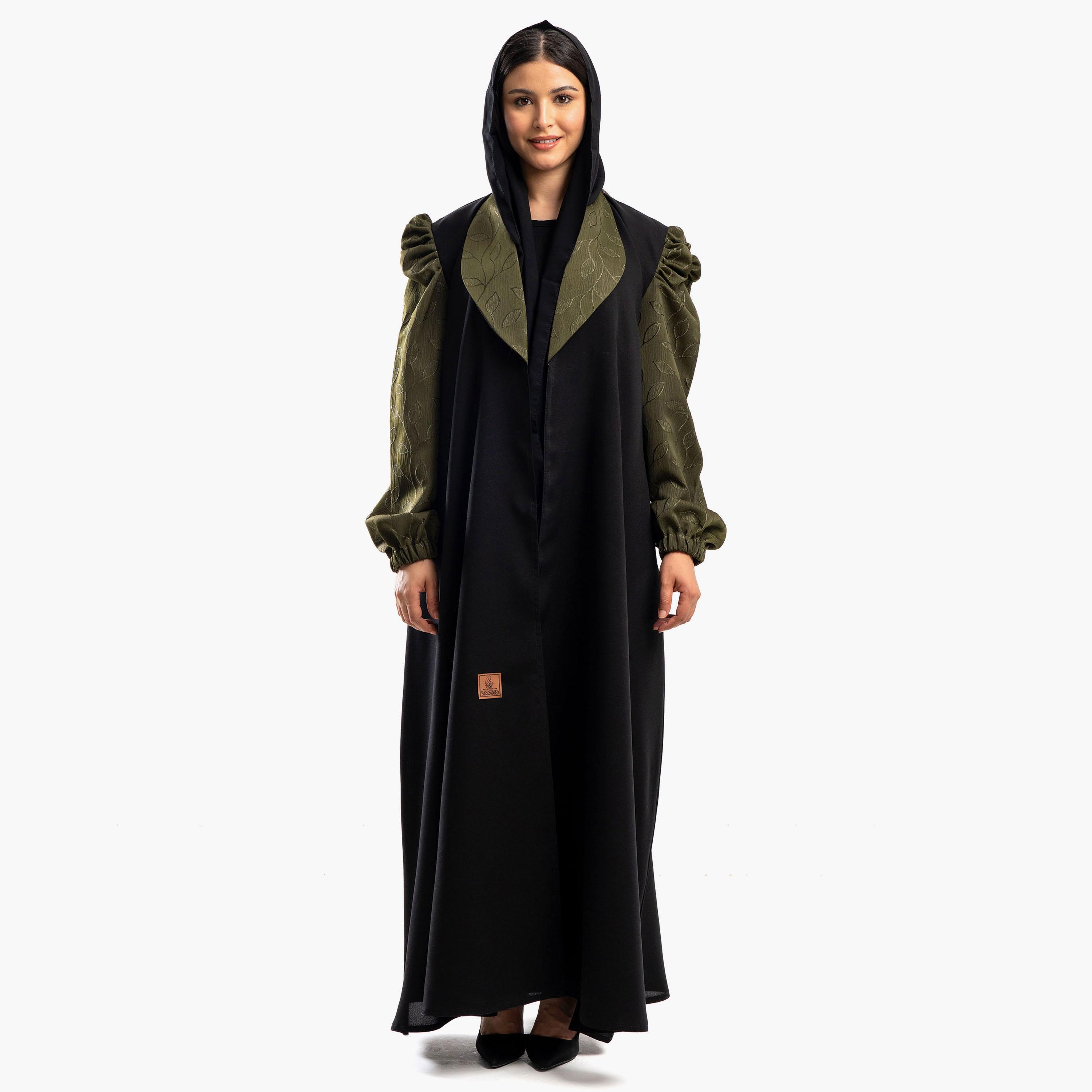 Zahiyh Black Puff Sleeves Shawl Lapel Embroidered Abaya with Tarha-women-arabicclothing-abayas-image-1