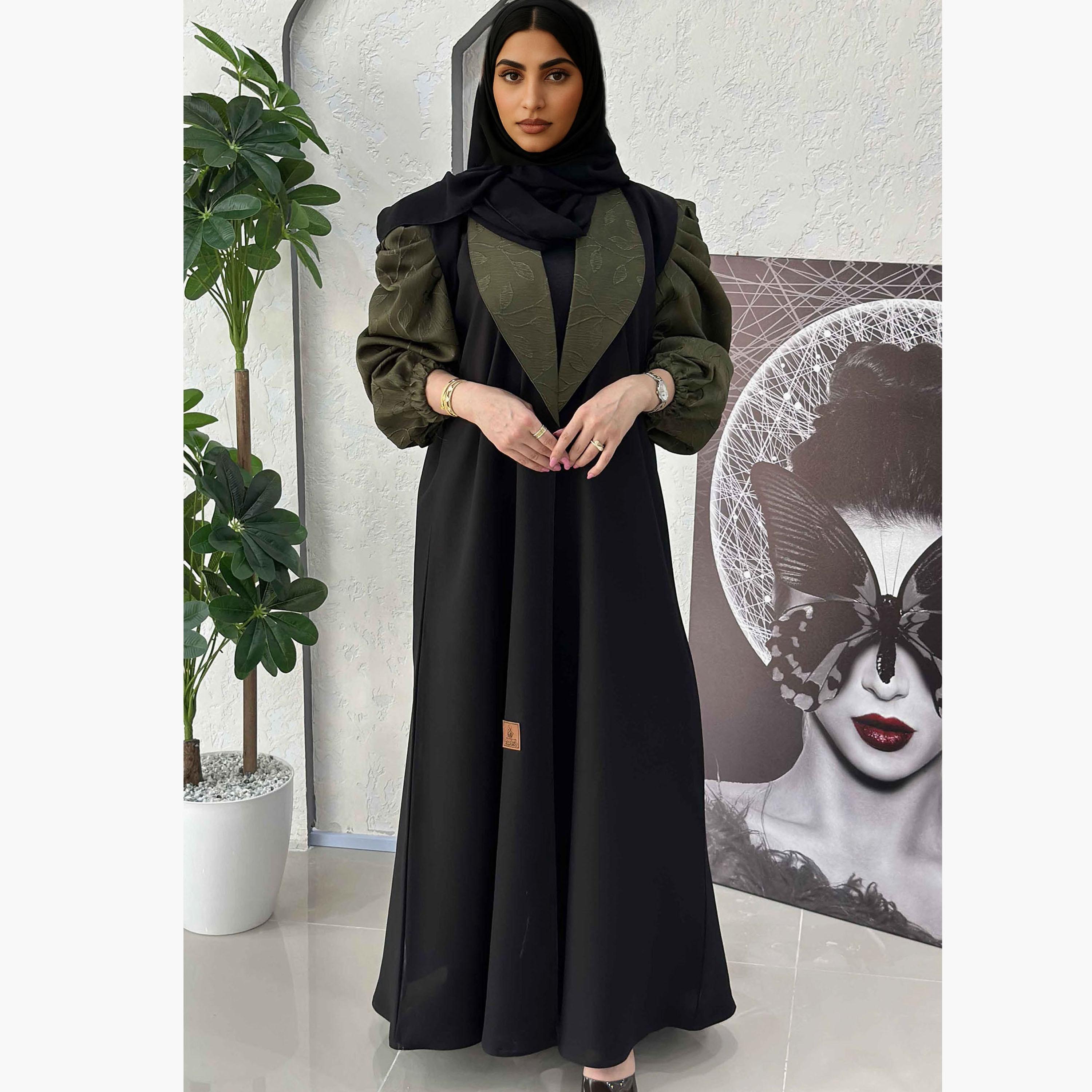 Zahiyh Black Puff Sleeves Shawl Lapel Embroidered Abaya with Tarha-women-arabicclothing-abayas-image-2