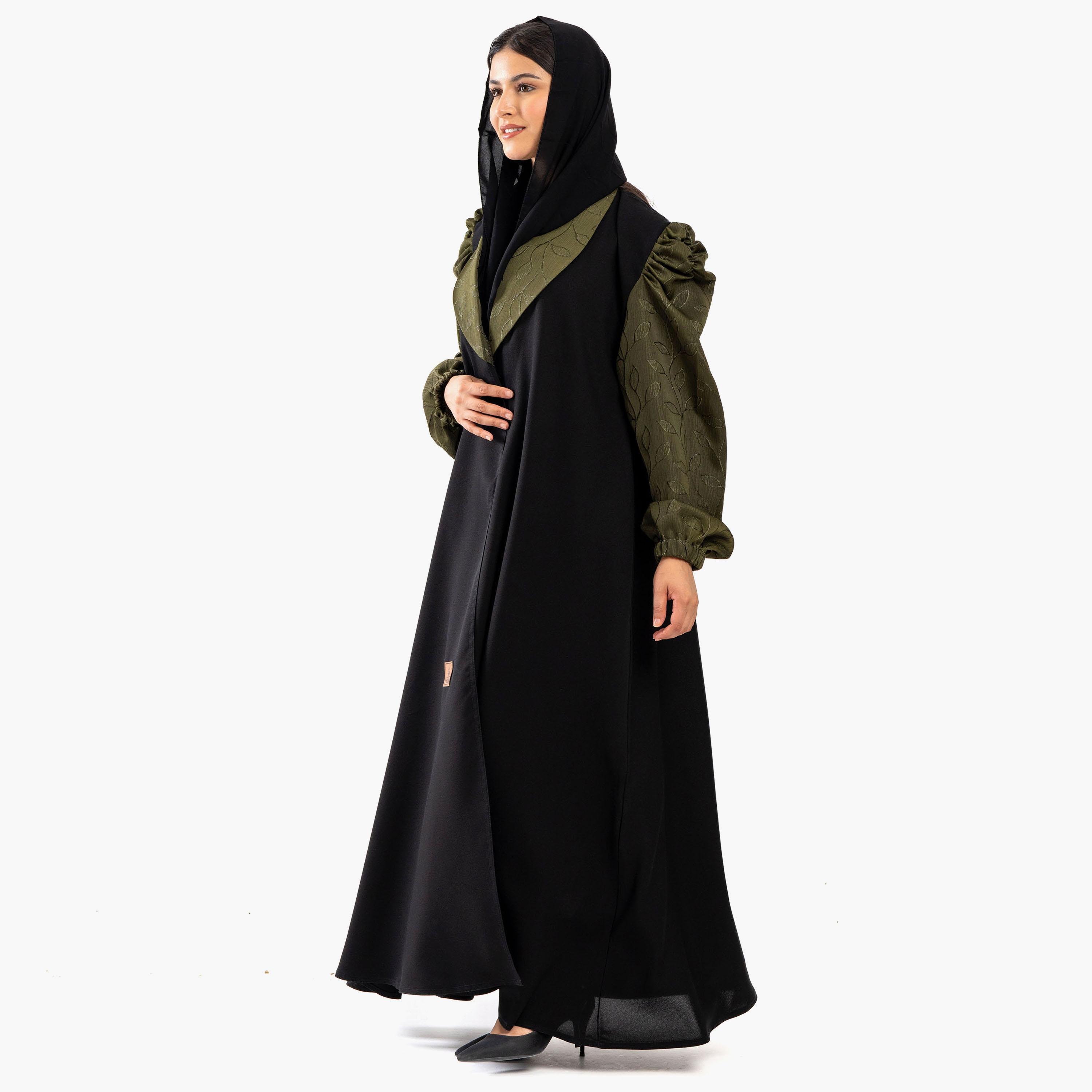 Zahiyh Black Puff Sleeves Shawl Lapel Embroidered Abaya with Tarha-women-arabicclothing-abayas-image-3