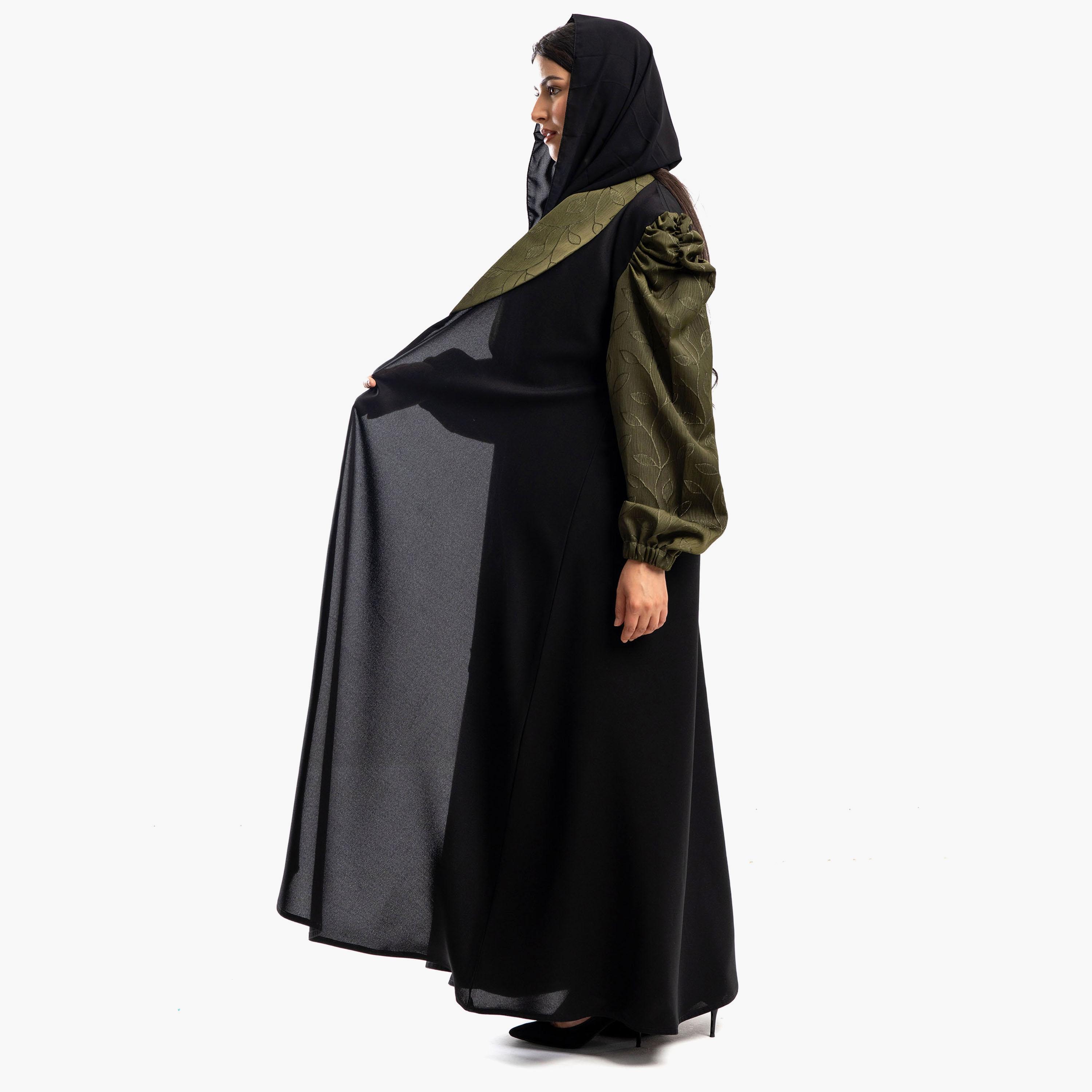 Zahiyh Black Puff Sleeves Shawl Lapel Embroidered Abaya with Tarha-women-arabicclothing-abayas-image-4