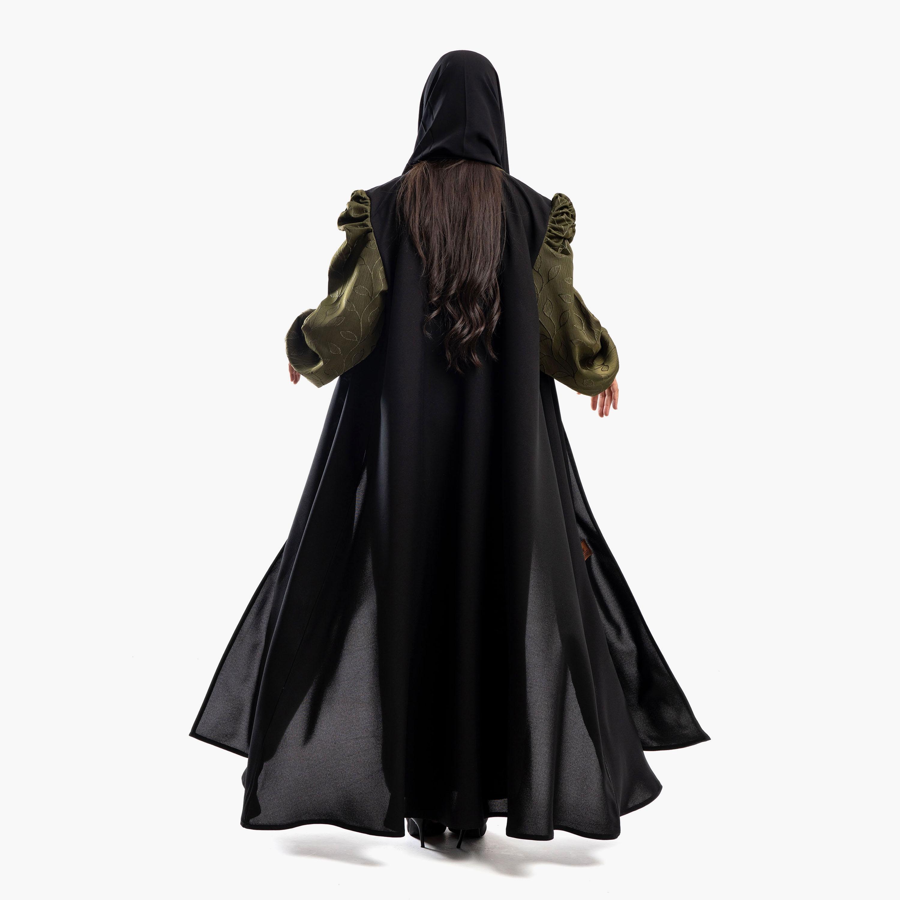 Zahiyh Black Puff Sleeves Shawl Lapel Embroidered Abaya with Tarha-women-arabicclothing-abayas-image-5