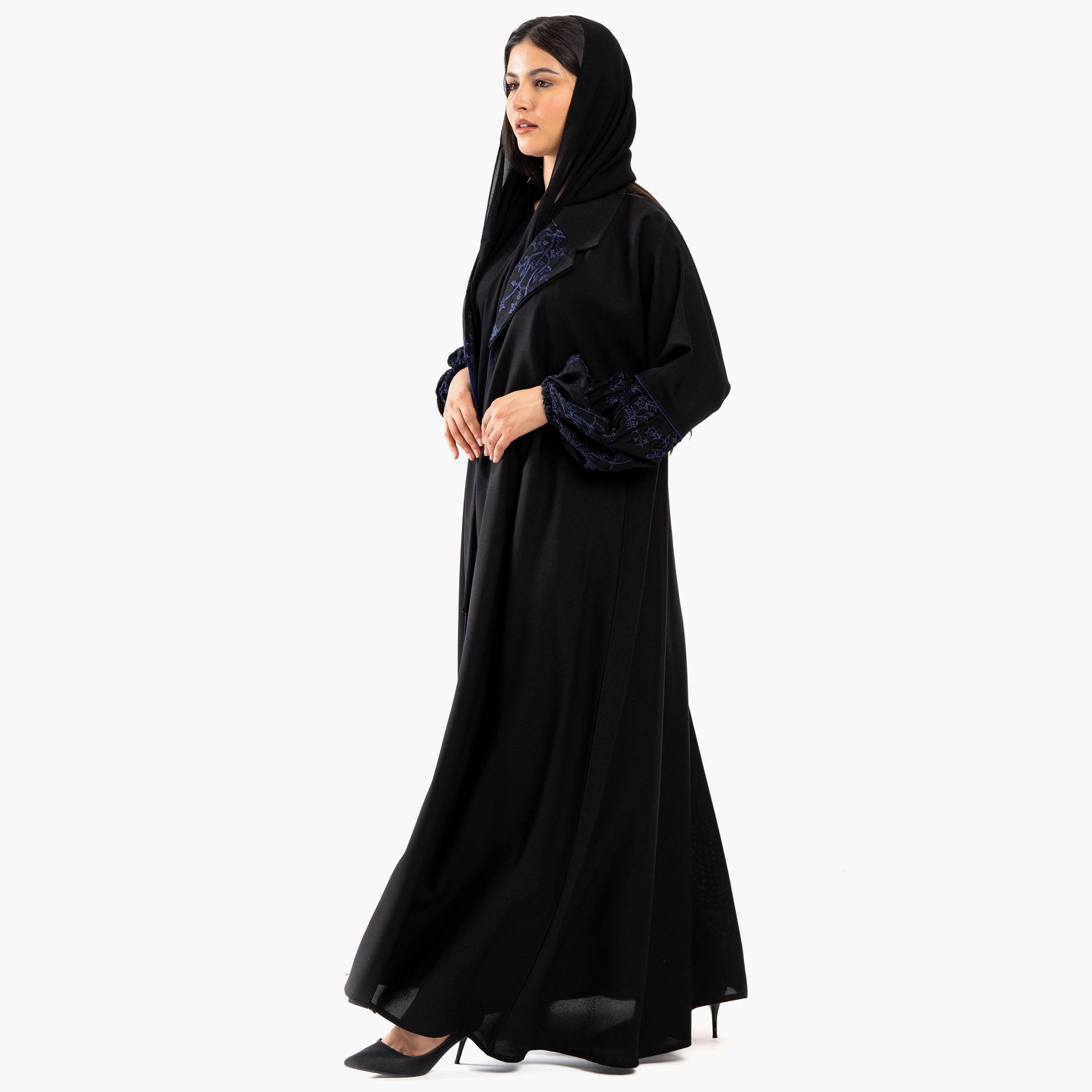 Zahiyh Black Notched Lapel Embroidered Abaya with Tarha-women-arabicclothing-abayas-image-2
