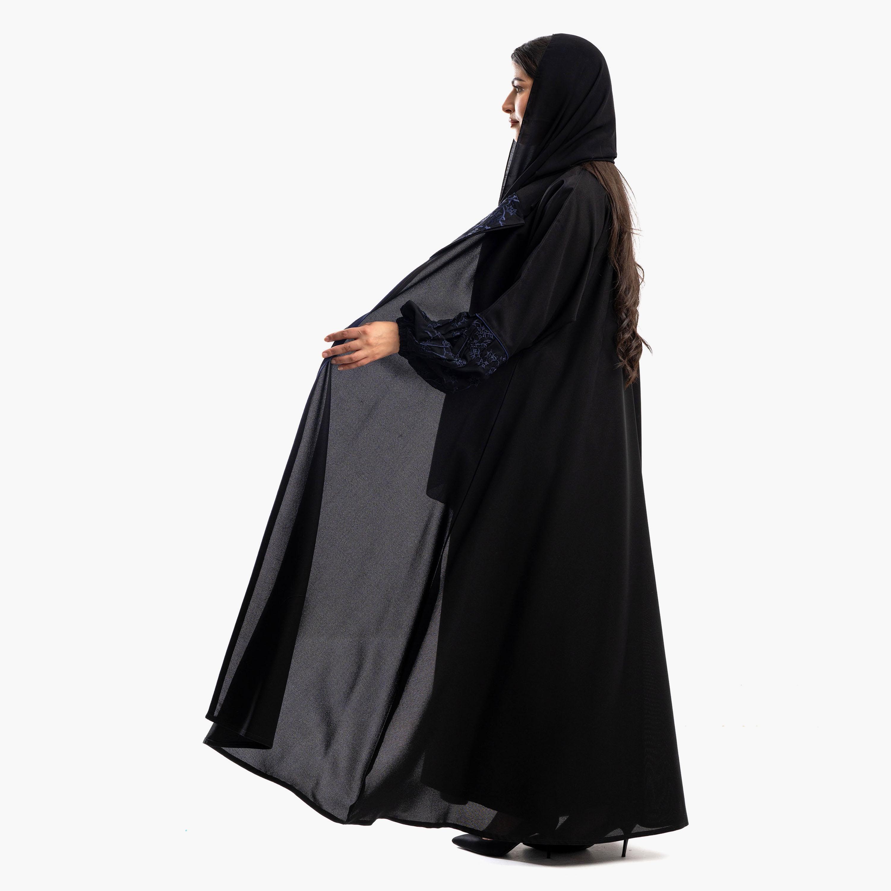 Zahiyh Black Notched Lapel Embroidered Abaya with Tarha-women-arabicclothing-abayas-image-3