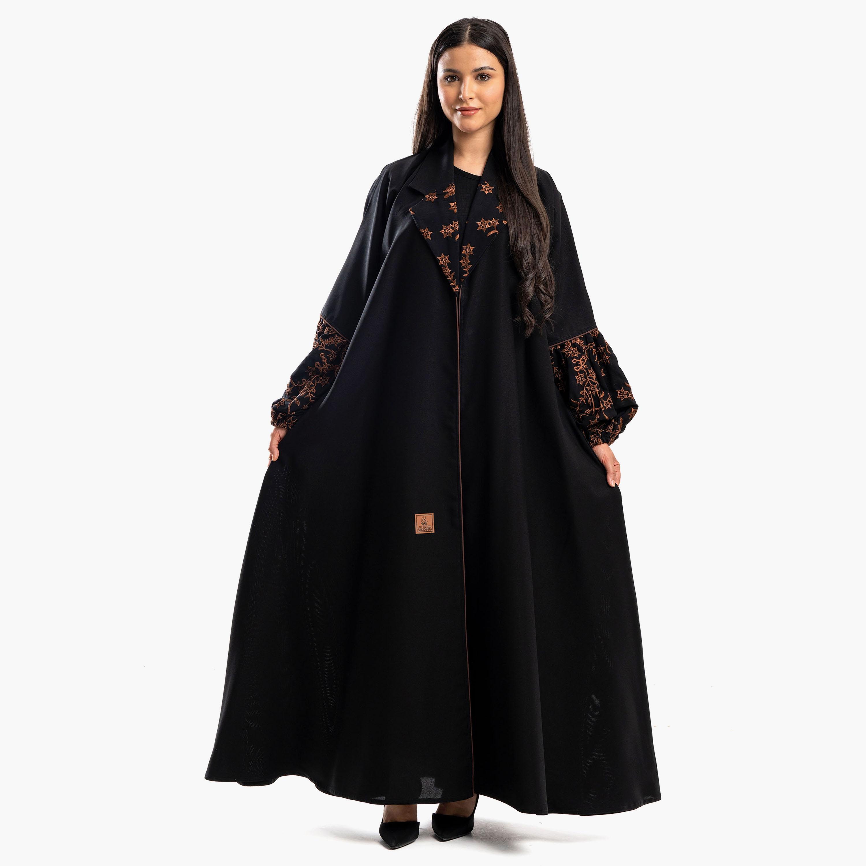 Zahiyh Black Notched Lapel Embroidered Abaya with Tarha-women-arabicclothing-abayas-image-1