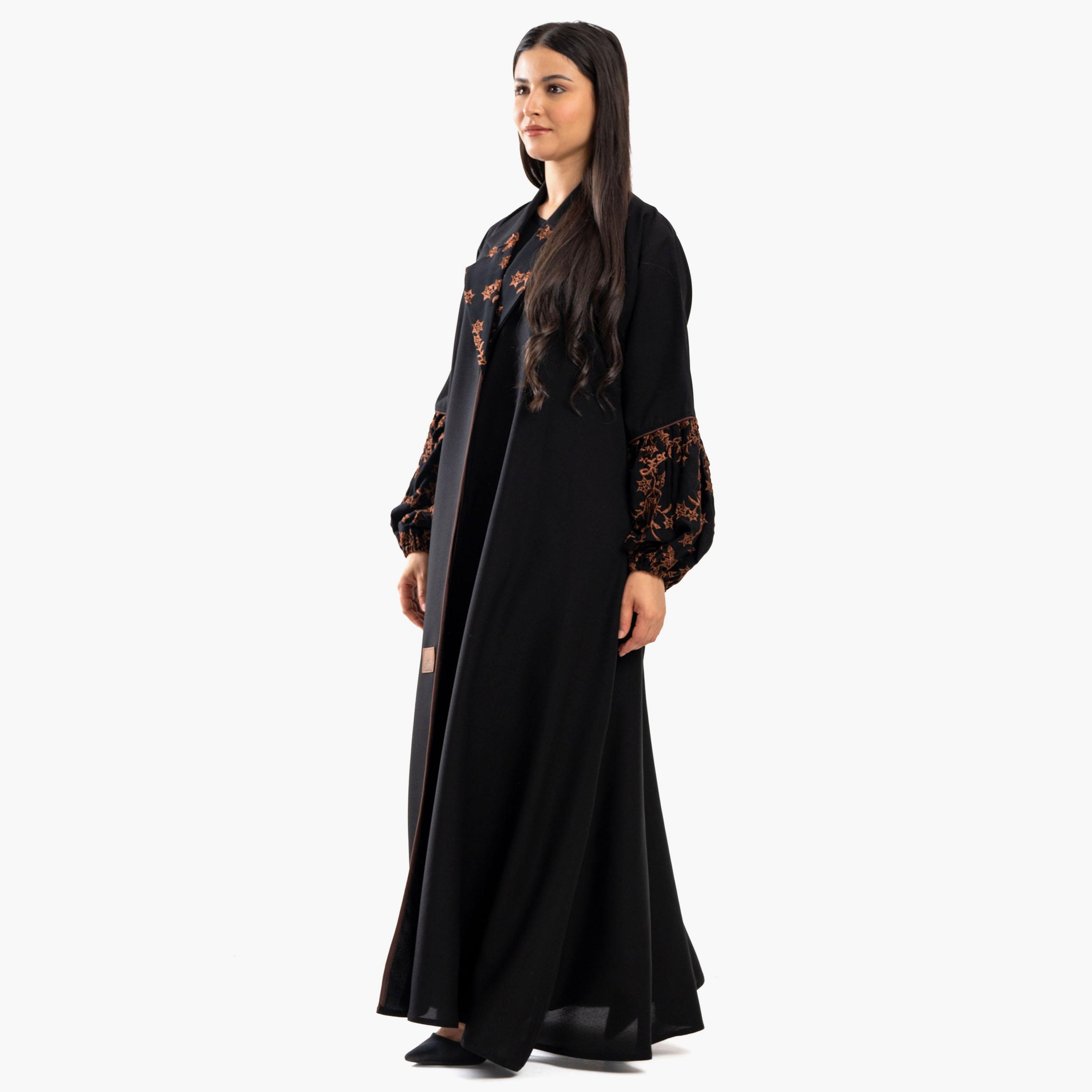 Zahiyh Black Notched Lapel Embroidered Abaya with Tarha-women-arabicclothing-abayas-image-2