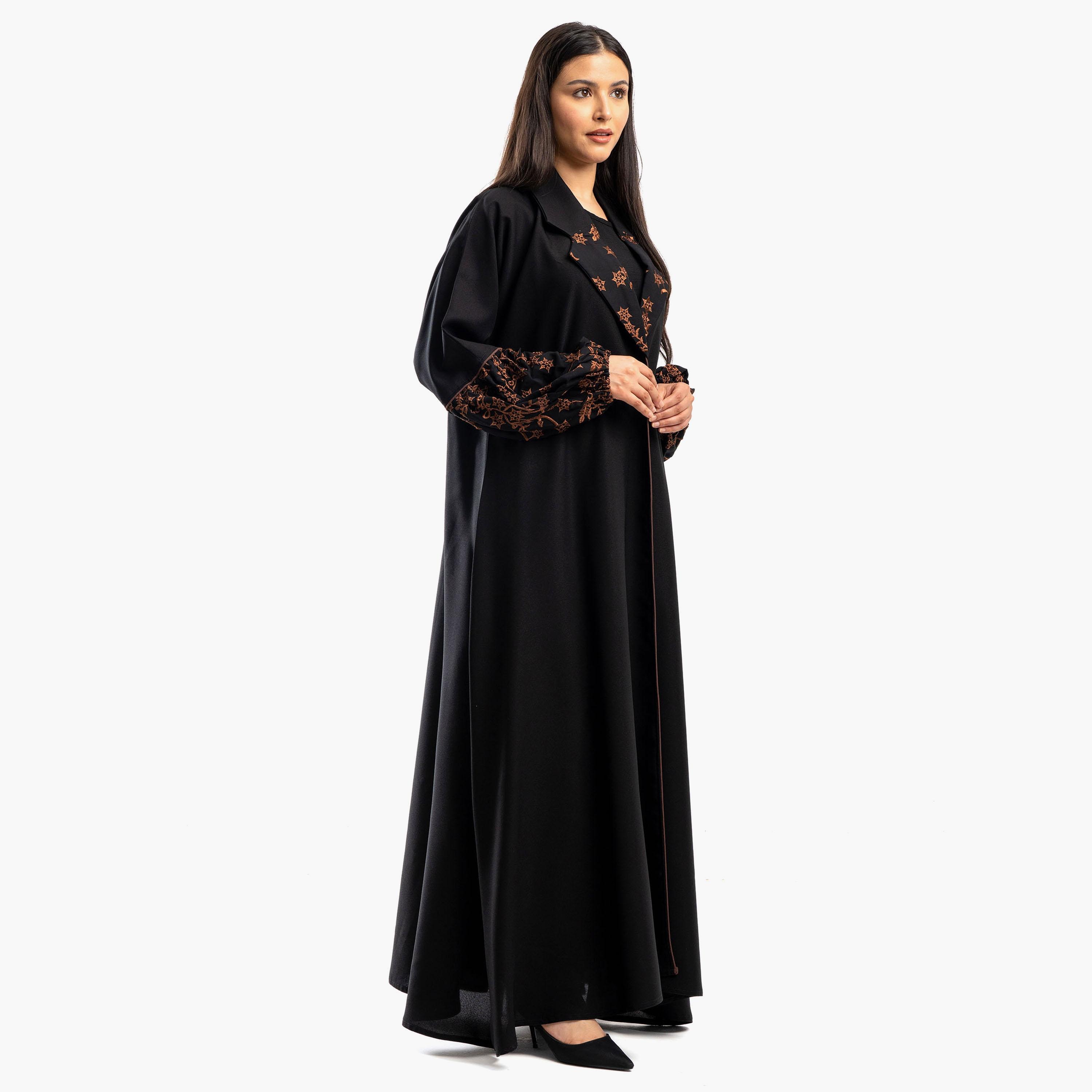 Zahiyh Black Notched Lapel Embroidered Abaya with Tarha-women-arabicclothing-abayas-image-3