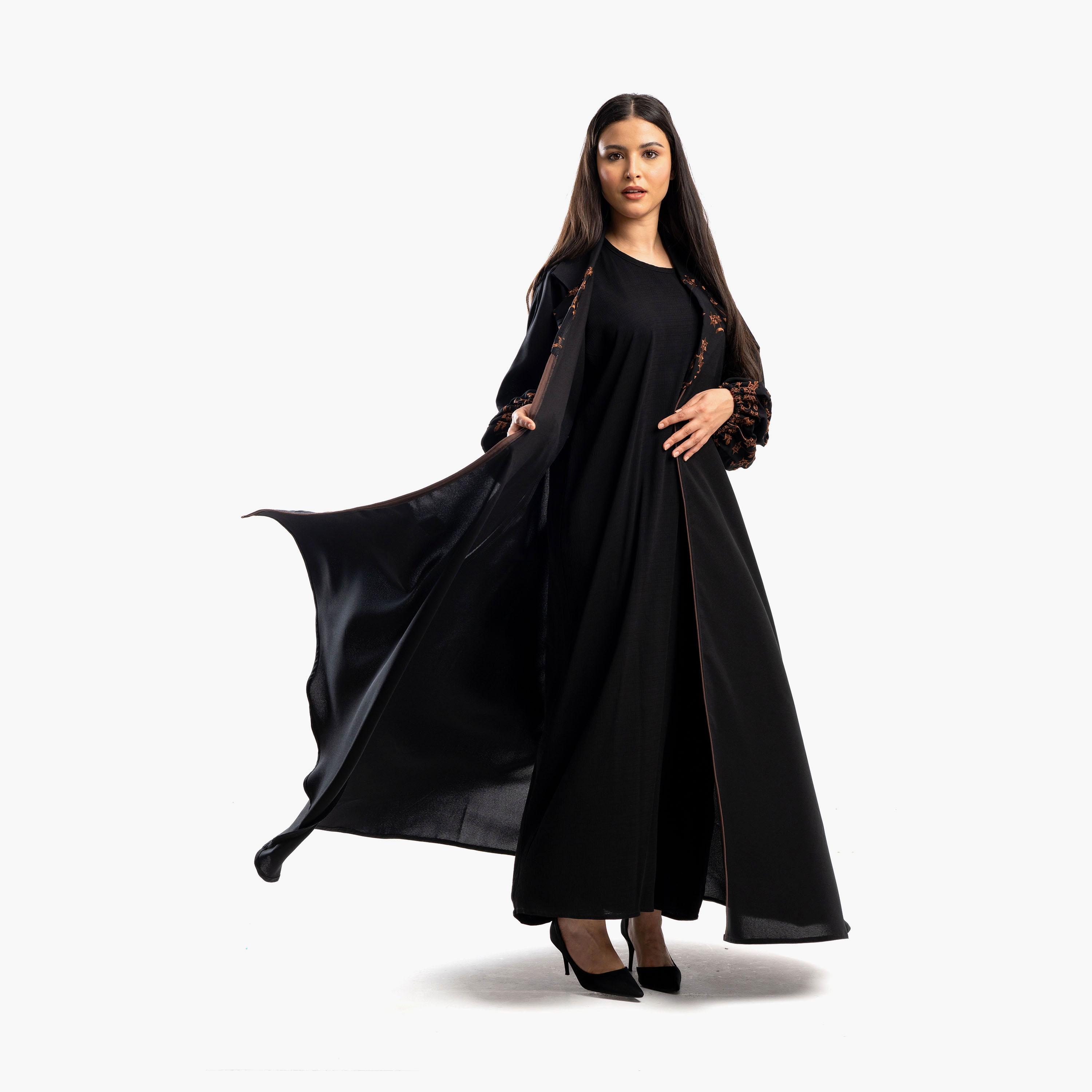 Zahiyh Black Notched Lapel Embroidered Abaya with Tarha-women-arabicclothing-abayas-image-4