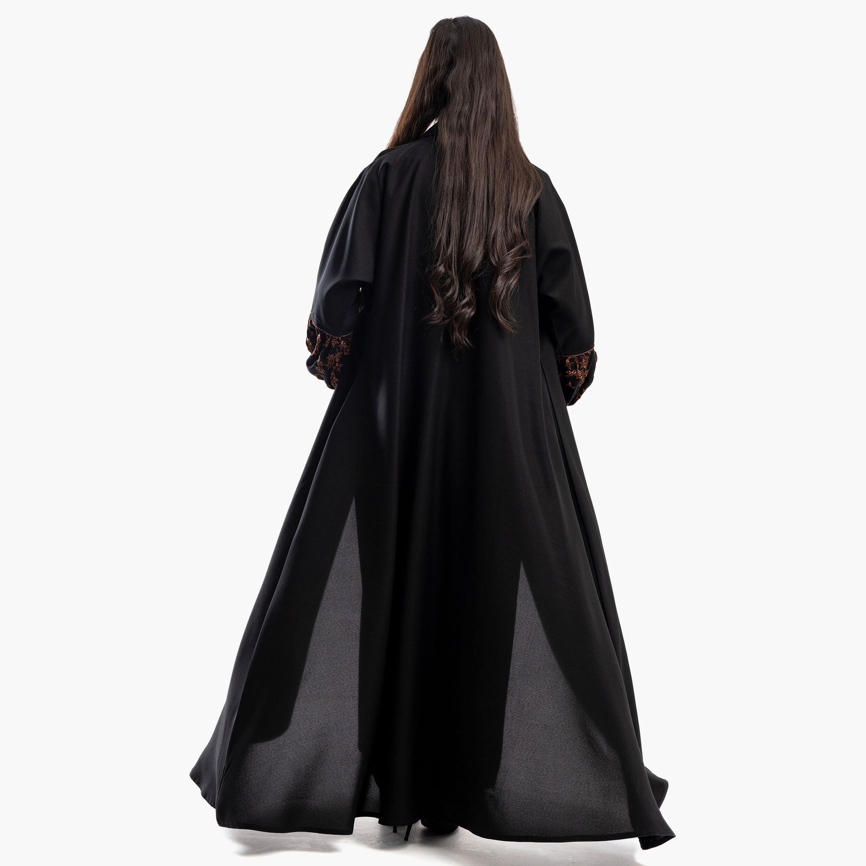 Zahiyh Black Notched Lapel Embroidered Abaya with Tarha-women-arabicclothing-abayas-image-5