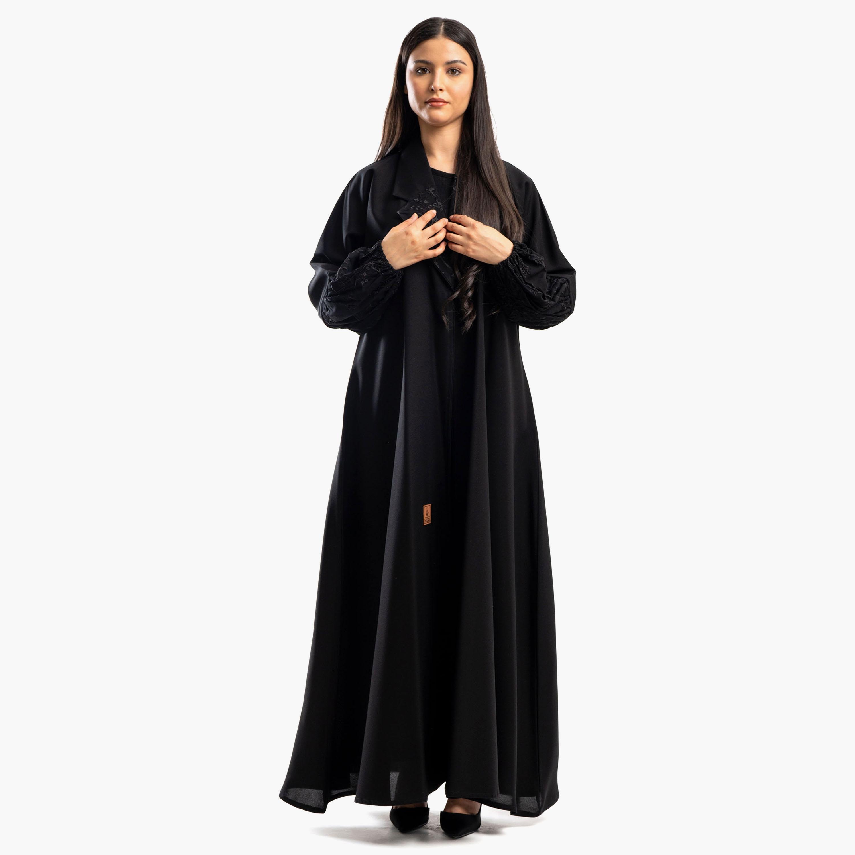 Zahiyh Black Notched Lapel Embroidered Abaya with Tarha-women-arabicclothing-abayas-image-1