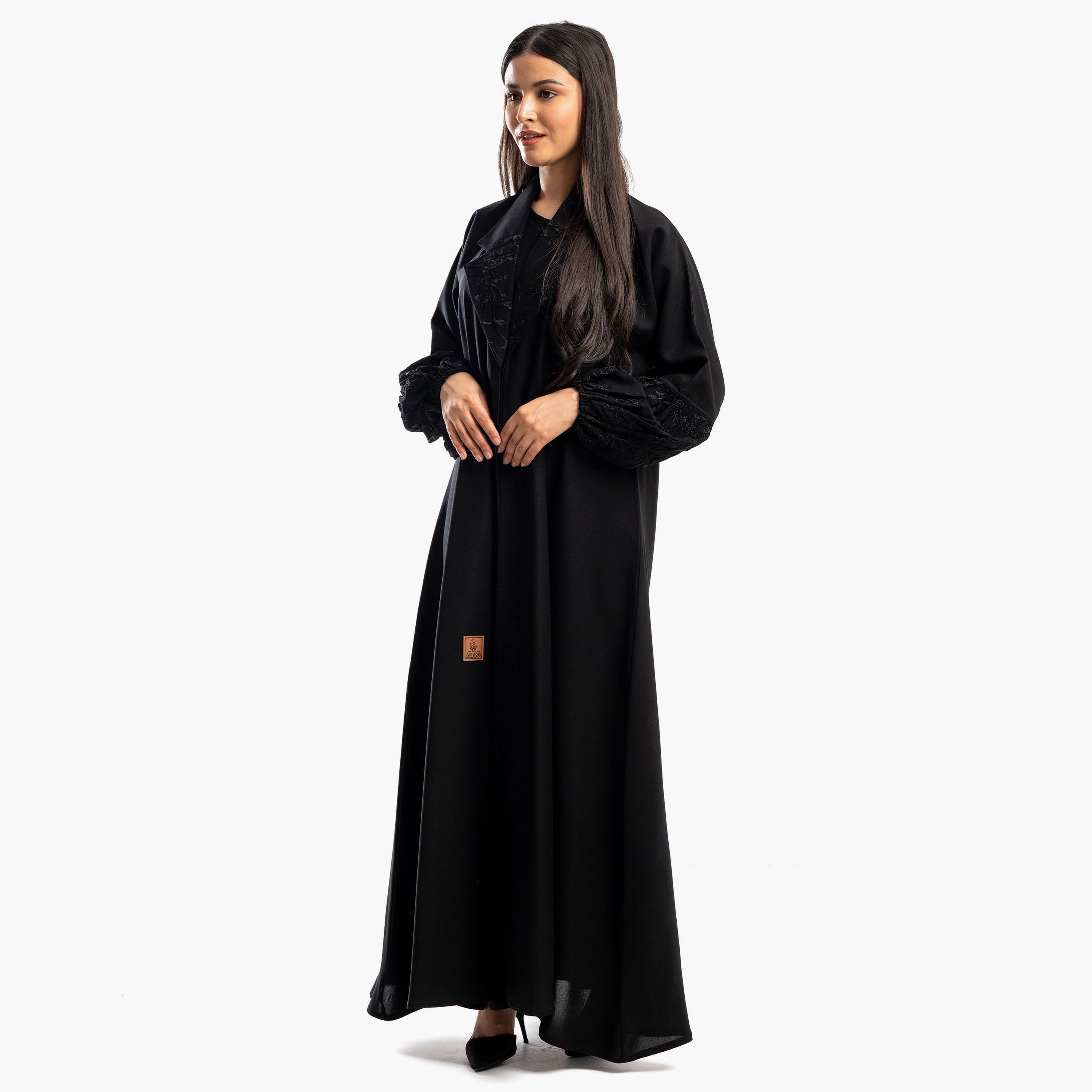 Zahiyh Black Notched Lapel Embroidered Abaya with Tarha-women-arabicclothing-abayas-image-2
