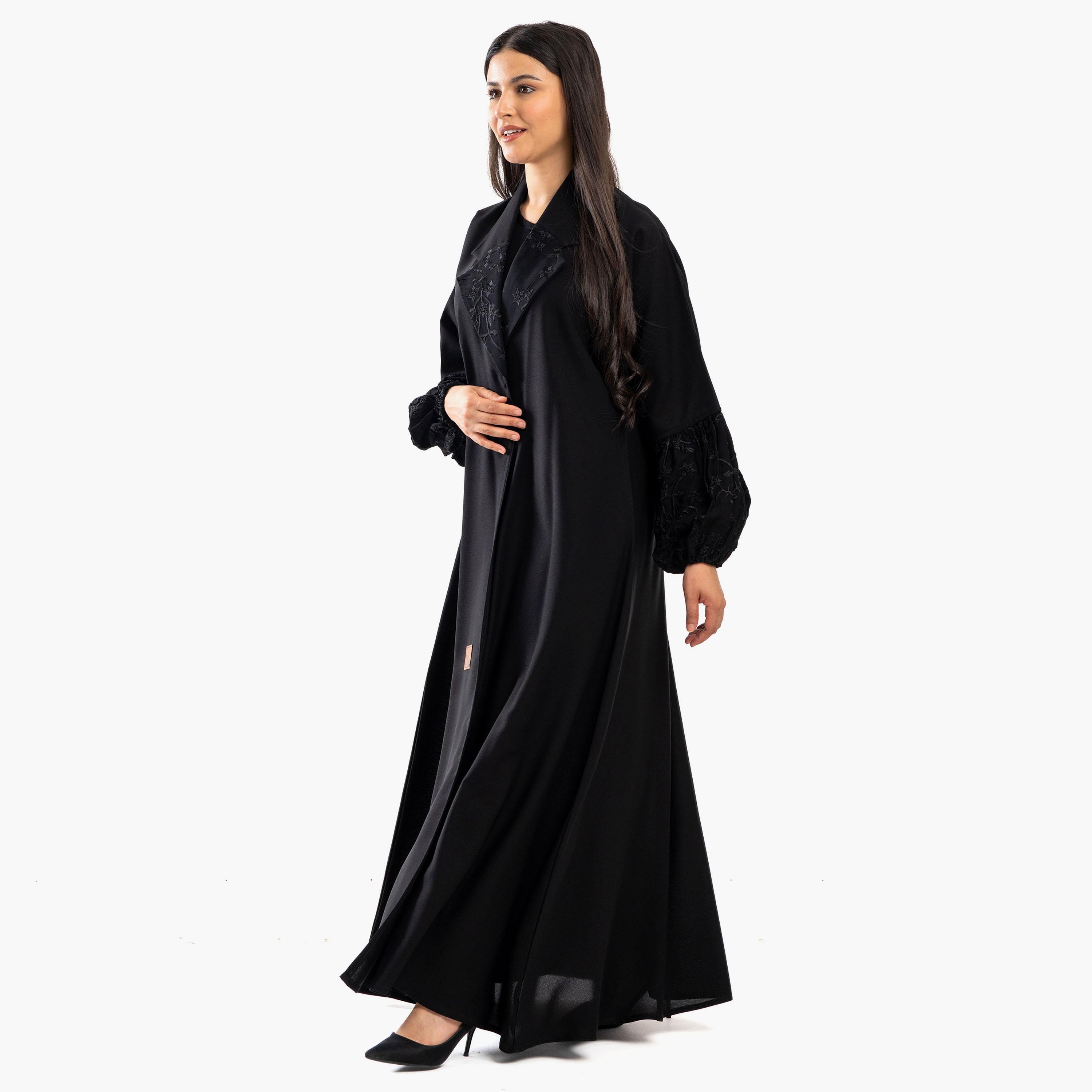 Zahiyh Black Notched Lapel Embroidered Abaya with Tarha-women-arabicclothing-abayas-image-3
