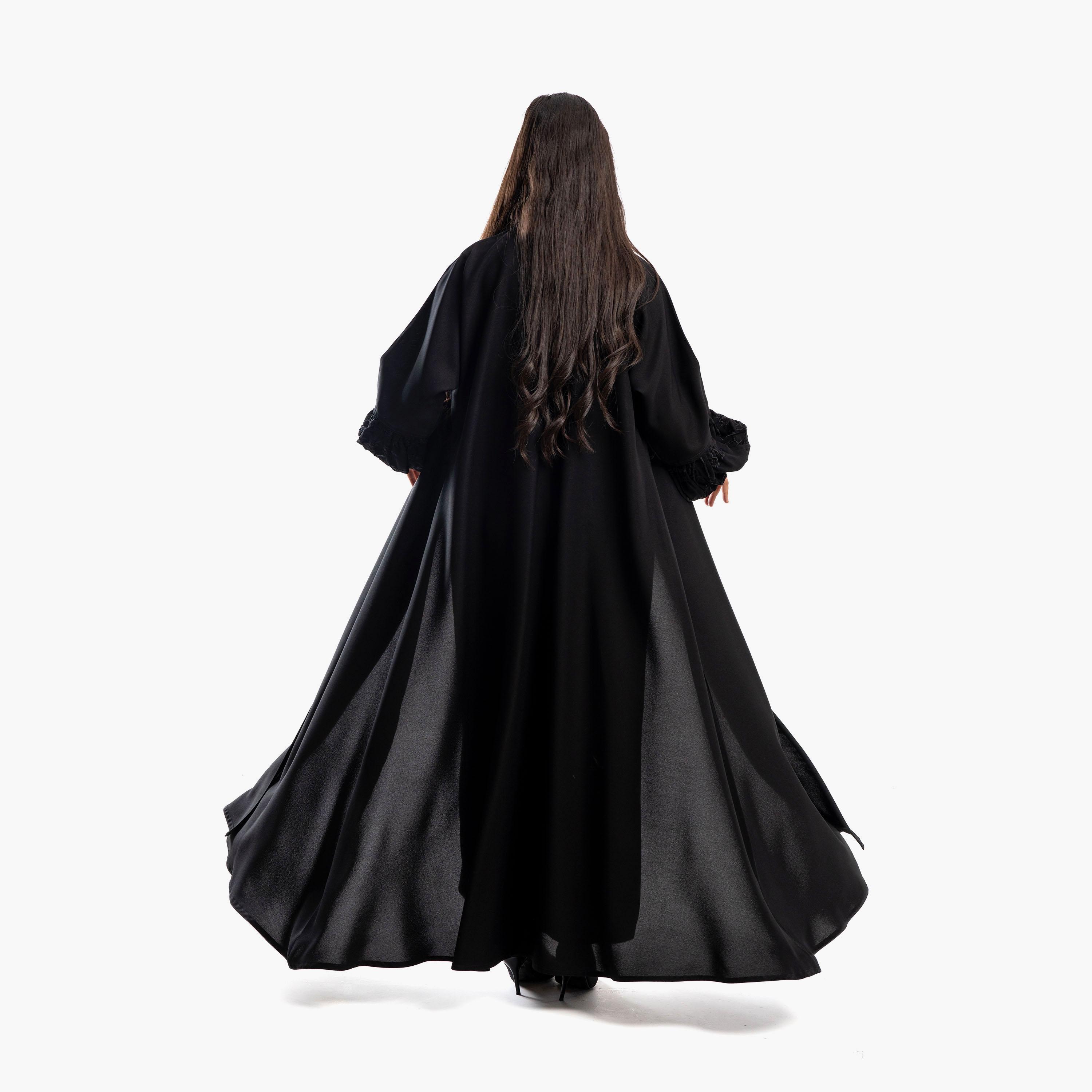 Zahiyh Black Notched Lapel Embroidered Abaya with Tarha-women-arabicclothing-abayas-image-4