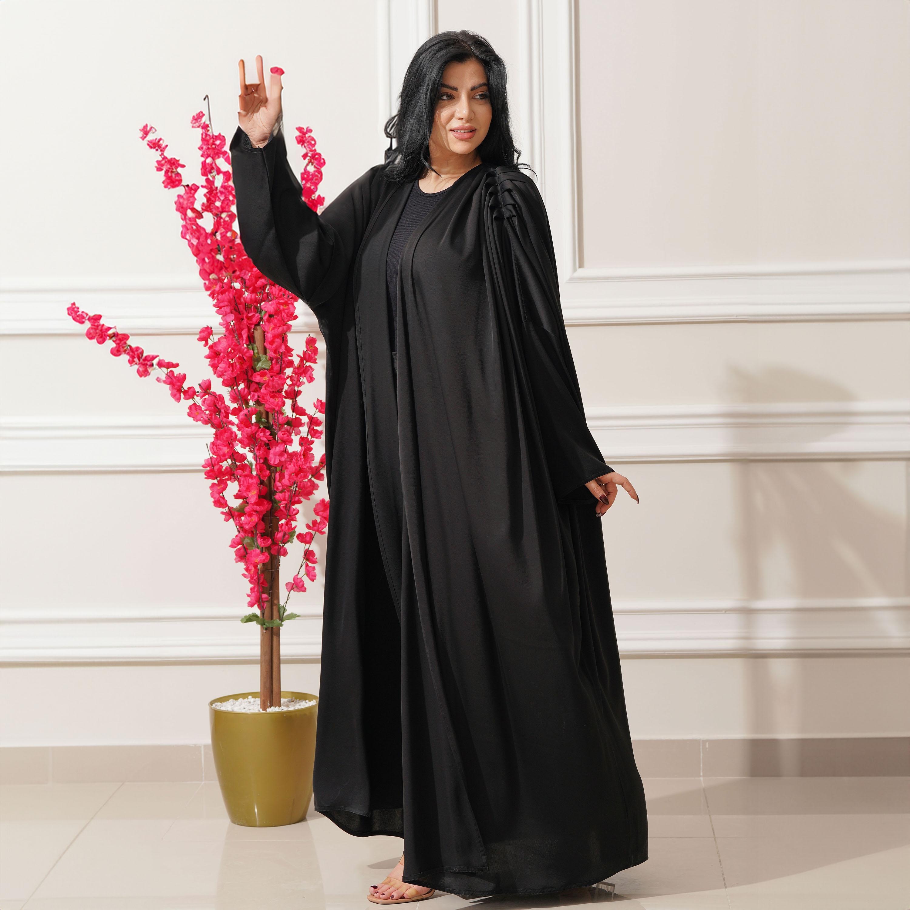 Zahiyh Black Pleated Detailed Shoulder Formal Abaya with Tarha-women-arabicclothing-abayas-image-2