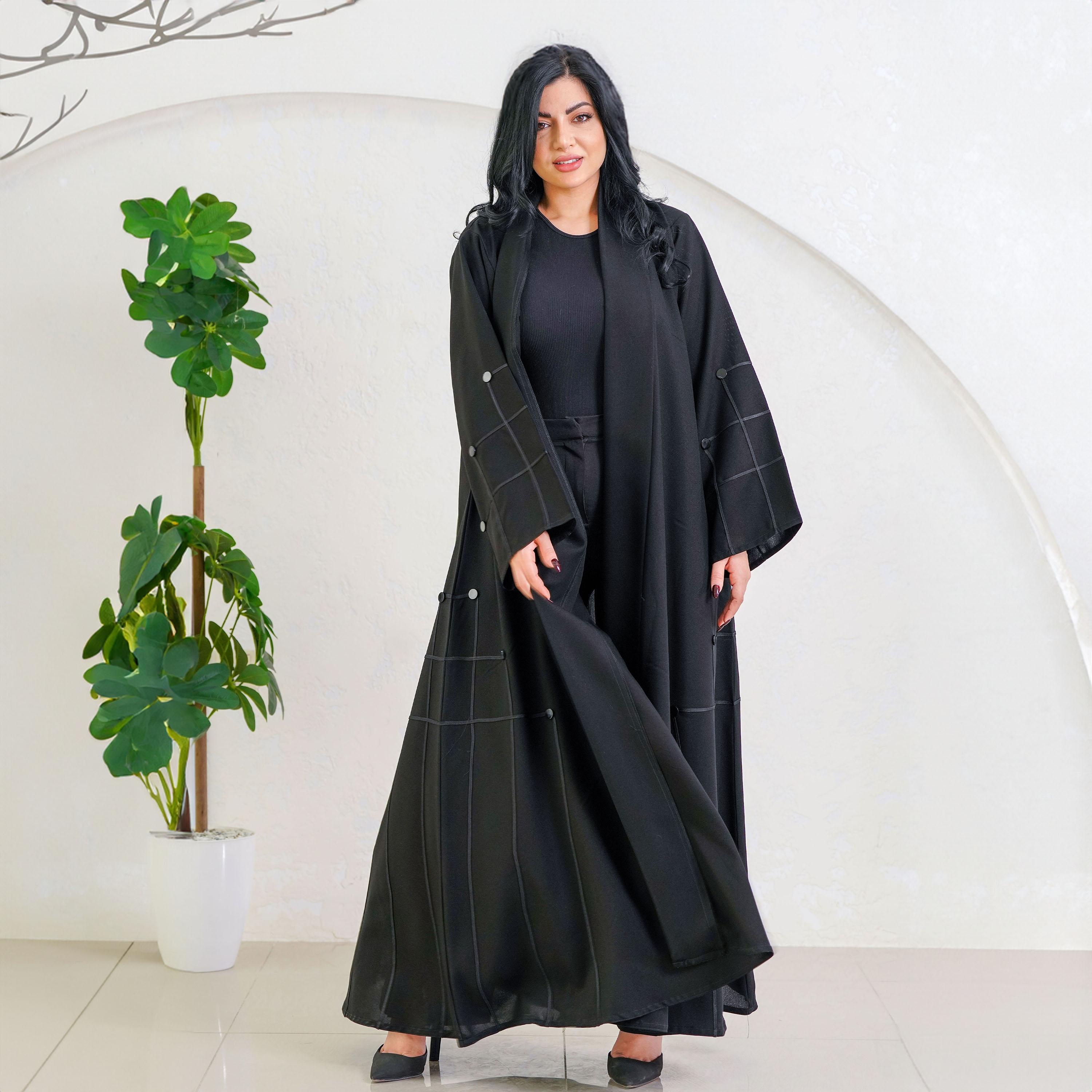 Zahiyh Black Shawl Lapel Thread Lined & Buttoned Abaya with Tarha-women-arabicclothing-abayas-image-1