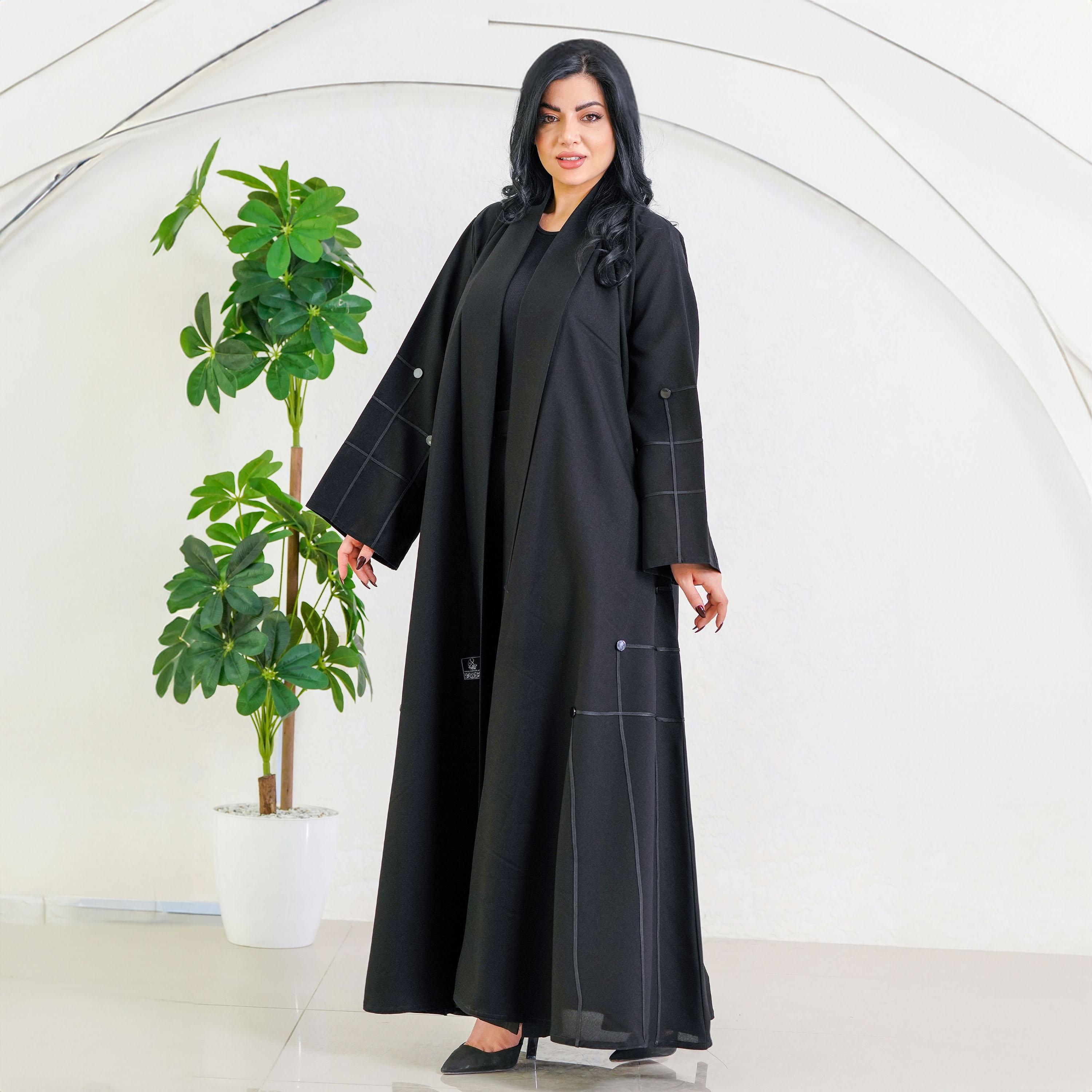 Zahiyh Black Shawl Lapel Thread Lined & Buttoned Abaya with Tarha-women-arabicclothing-abayas-image-2