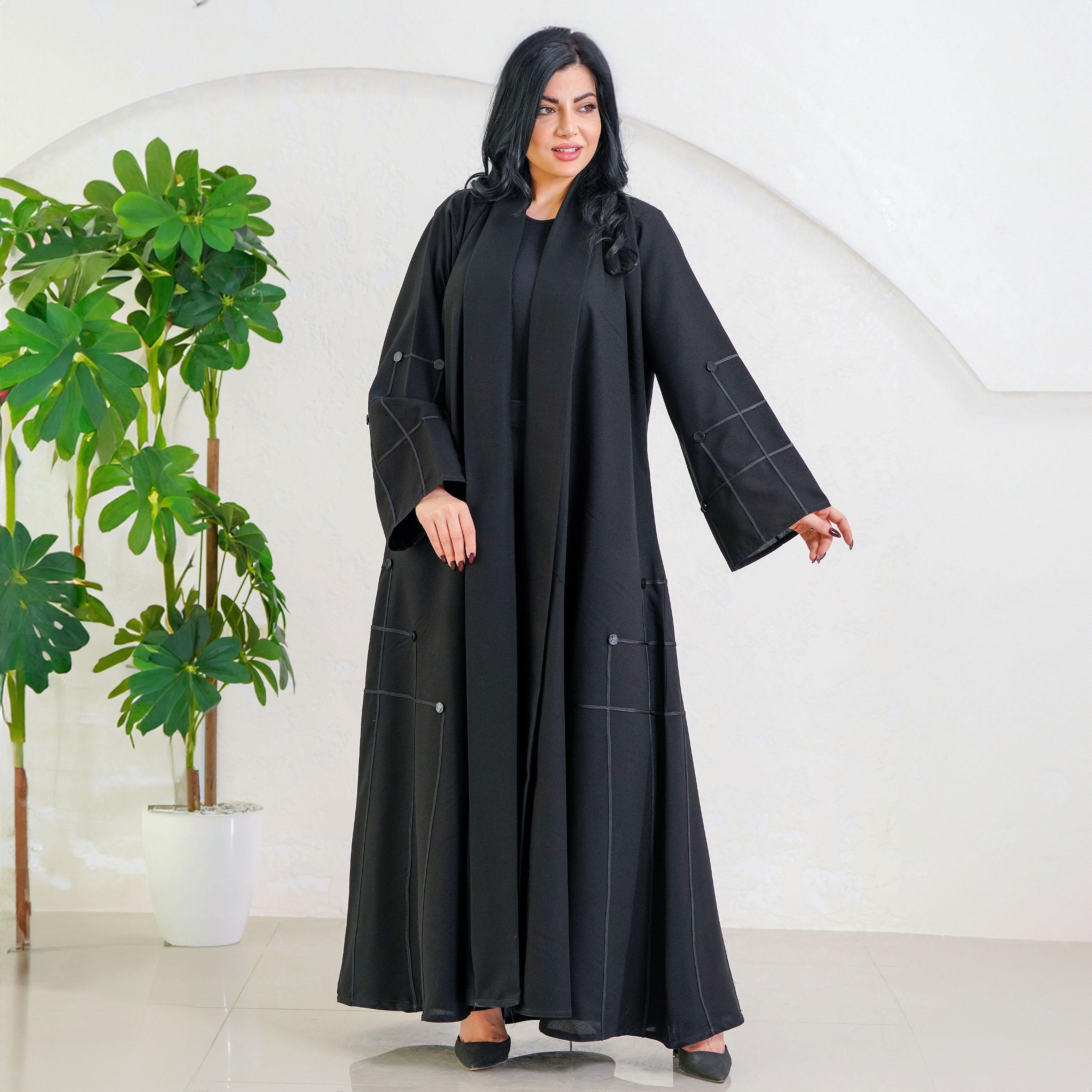 Zahiyh Black Shawl Lapel Thread Lined & Buttoned Abaya with Tarha-women-arabicclothing-abayas-image-3