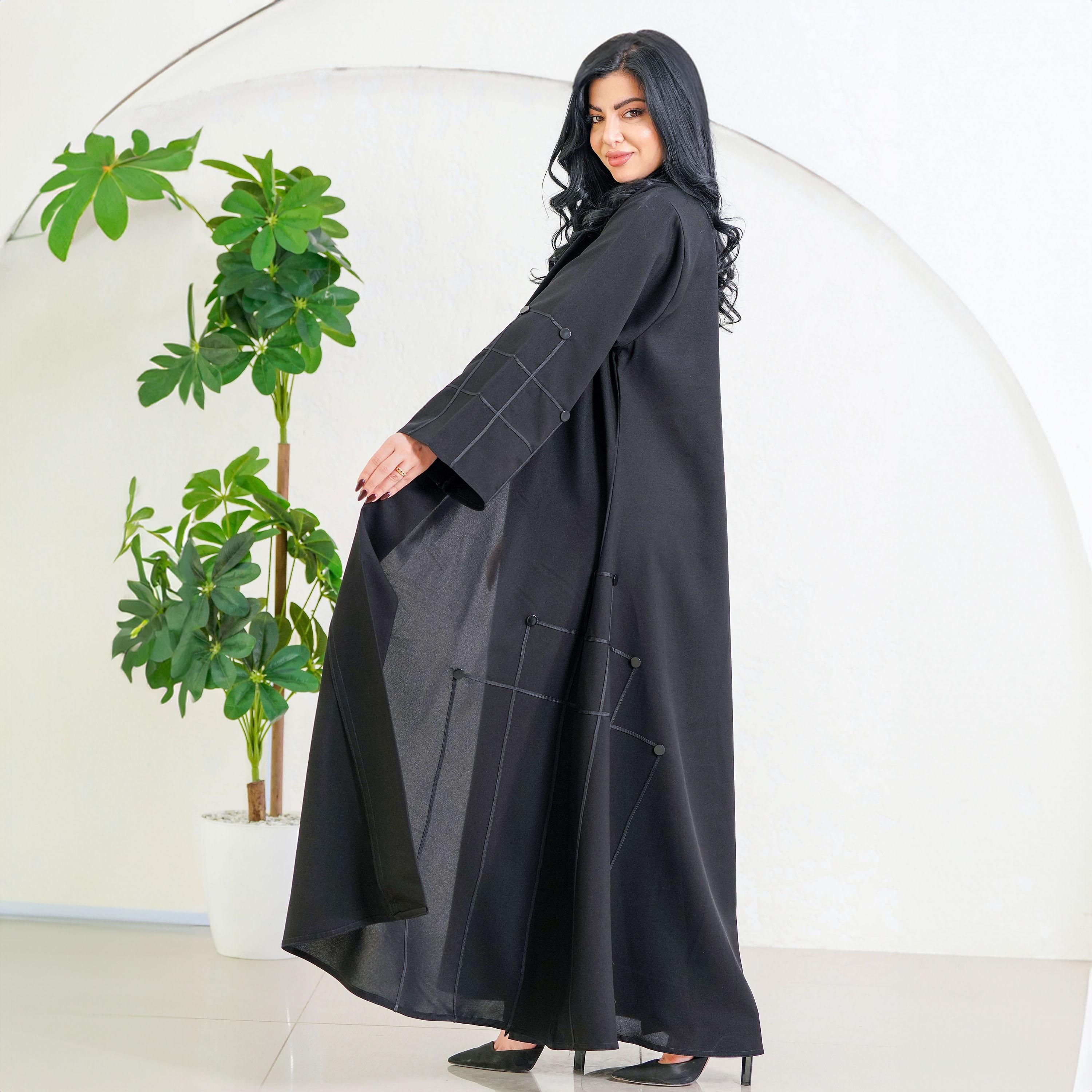 Zahiyh Black Shawl Lapel Thread Lined & Buttoned Abaya with Tarha-women-arabicclothing-abayas-image-4