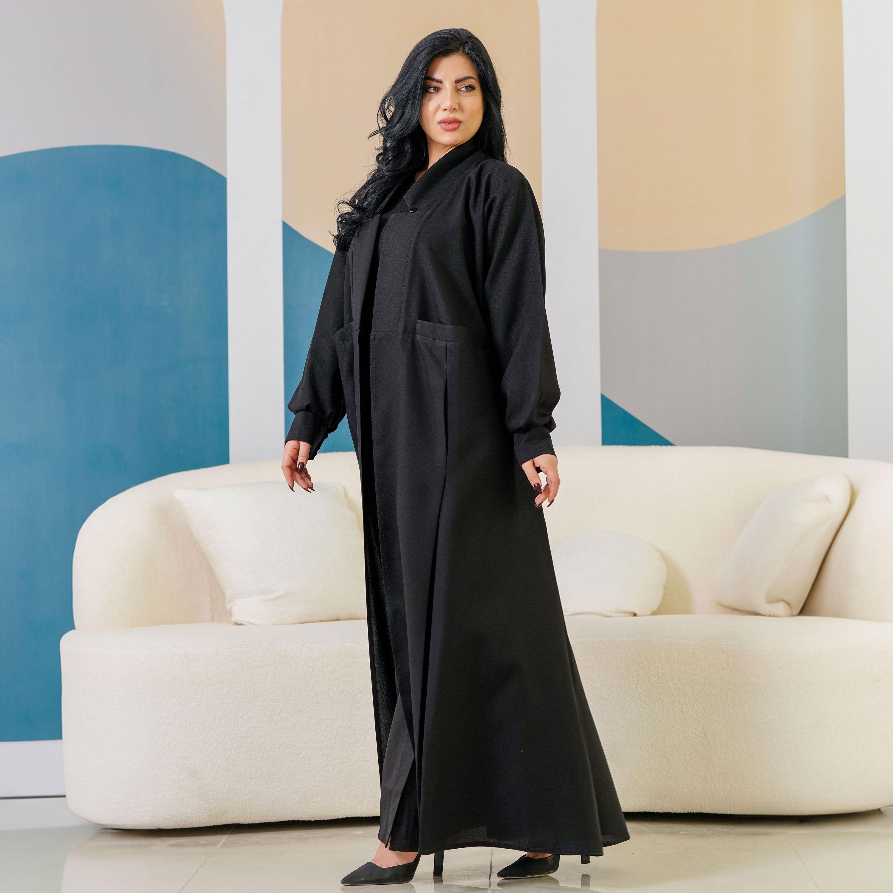 عباية بأكمام ذات جيب مع حجاب سادة من زاهية-women-arabicclothing-abayas-image-3