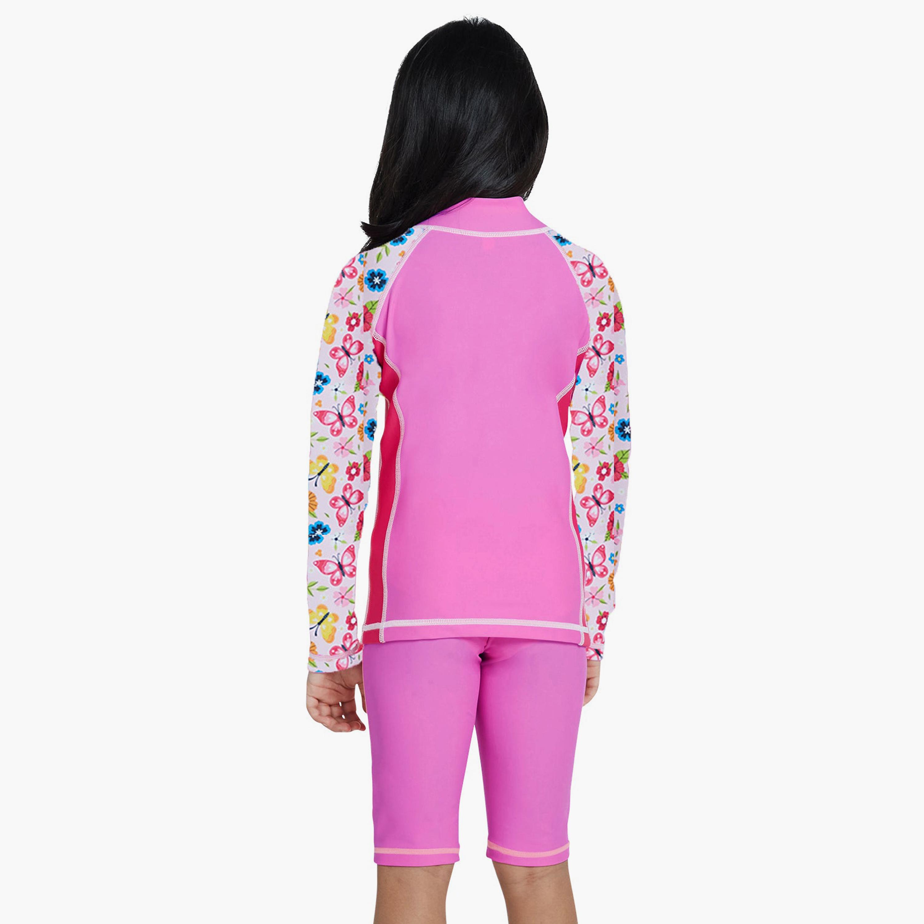 كويغا - قميص سباحة بأكمام طويلة للبنات، مزين بزهور وردية-sports-girls-clothing-swimwear-image-2