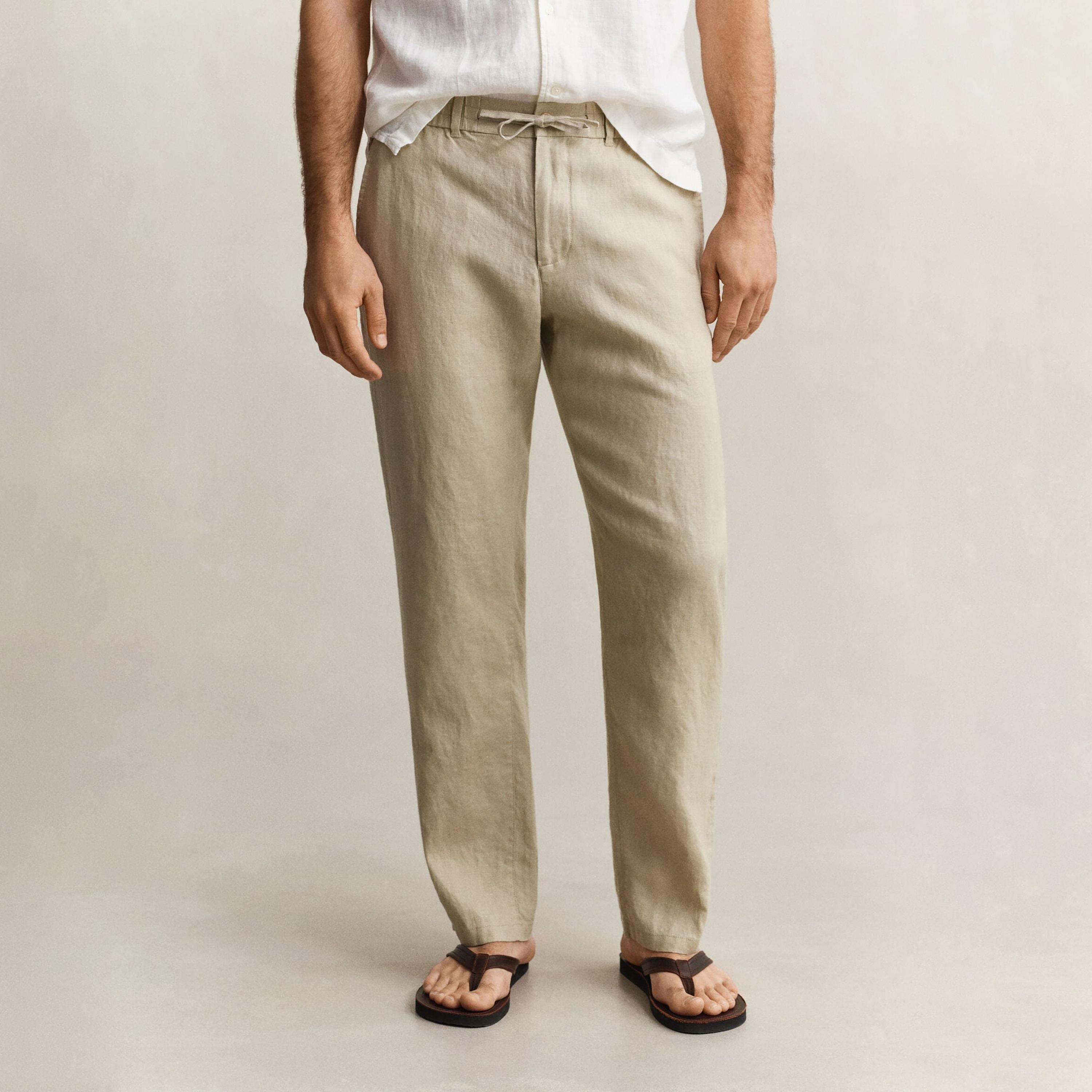 Gant Plain Mid Rise Drawstring & Button Closure Men's Linen Trousers-men-clothing-bottoms-trousersandchinos-trousers-image-1