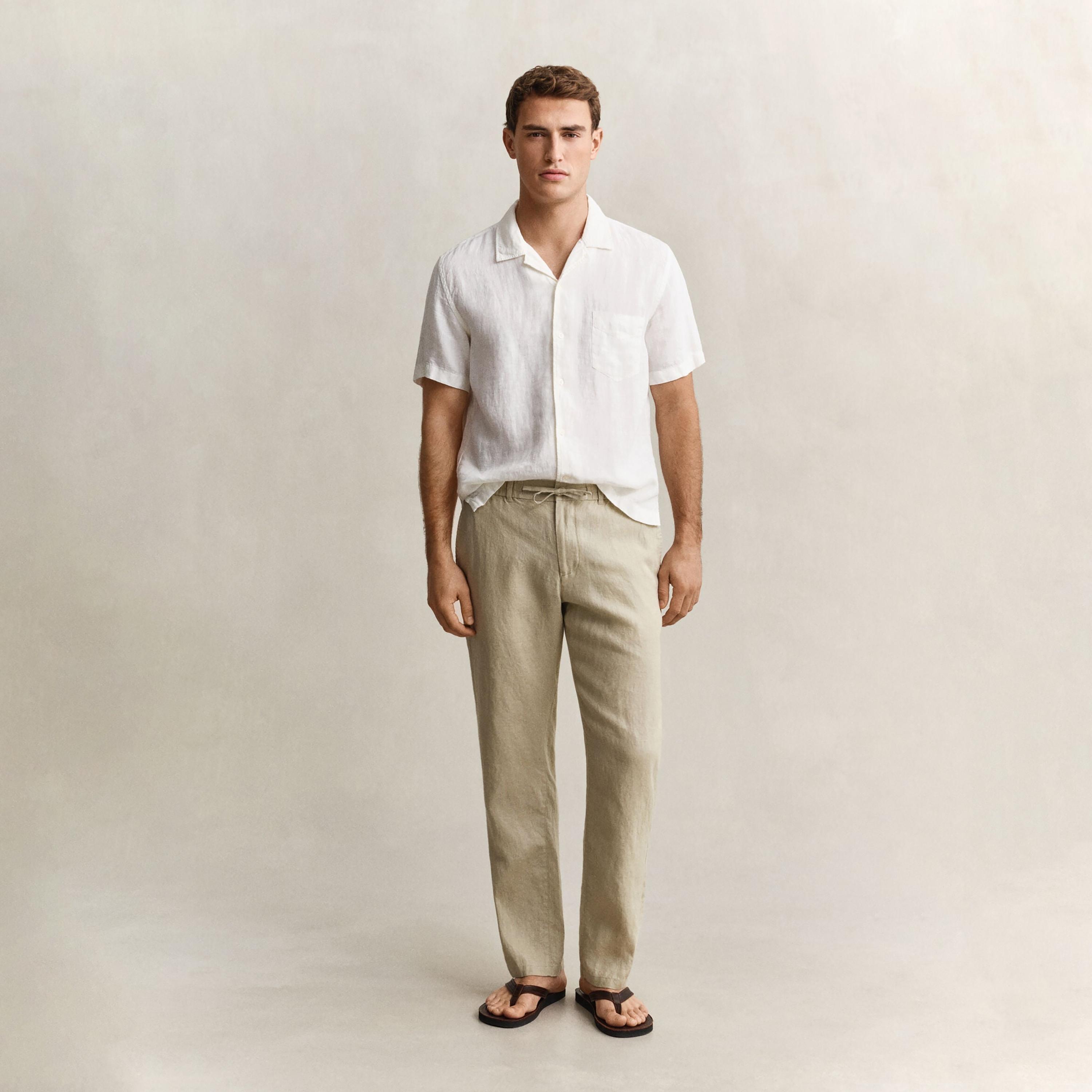Gant Plain Mid Rise Drawstring & Button Closure Men's Linen Trousers-men-clothing-bottoms-trousersandchinos-trousers-image-2
