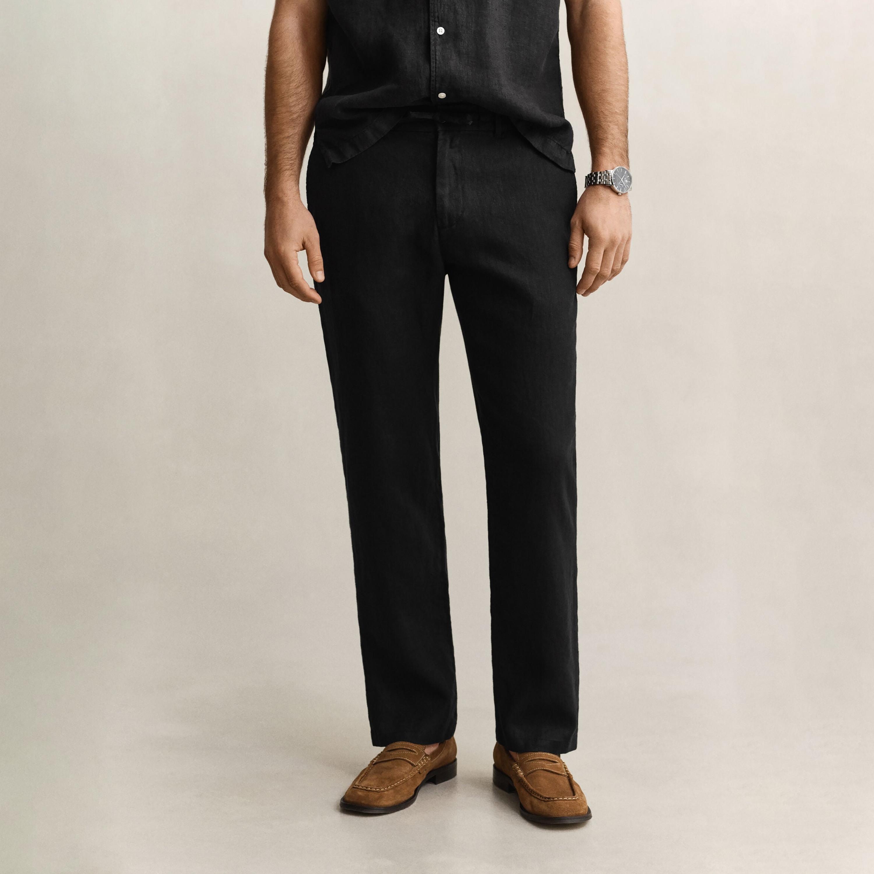 بنطال كتان رجالي سادة بخصر متوسط الارتفاع وإغلاق برباط وزر من غانت-men-clothing-bottoms-trousersandchinos-trousers-image-1