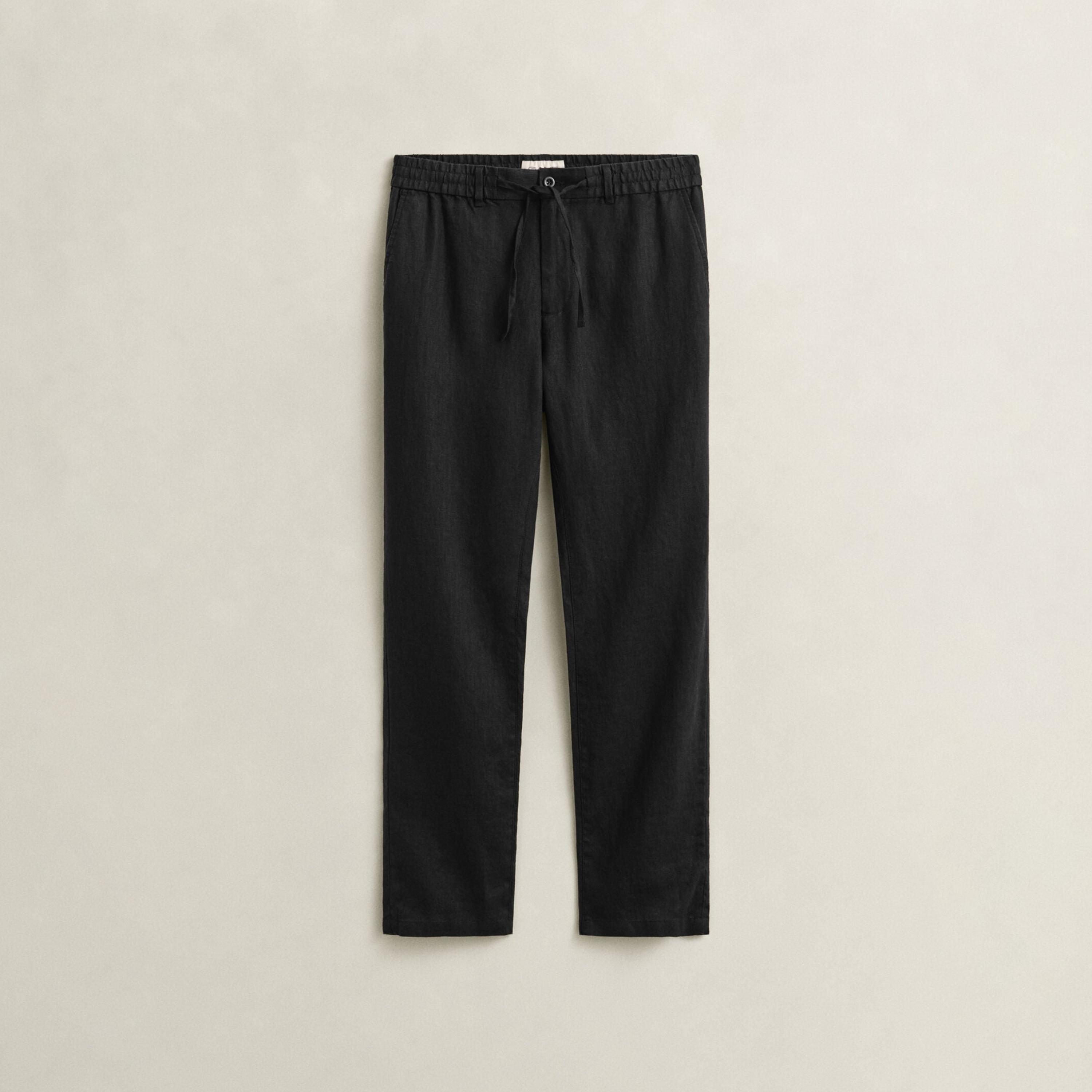 بنطال كتان رجالي سادة بخصر متوسط الارتفاع وإغلاق برباط وزر من غانت-men-clothing-bottoms-trousersandchinos-trousers-image-5