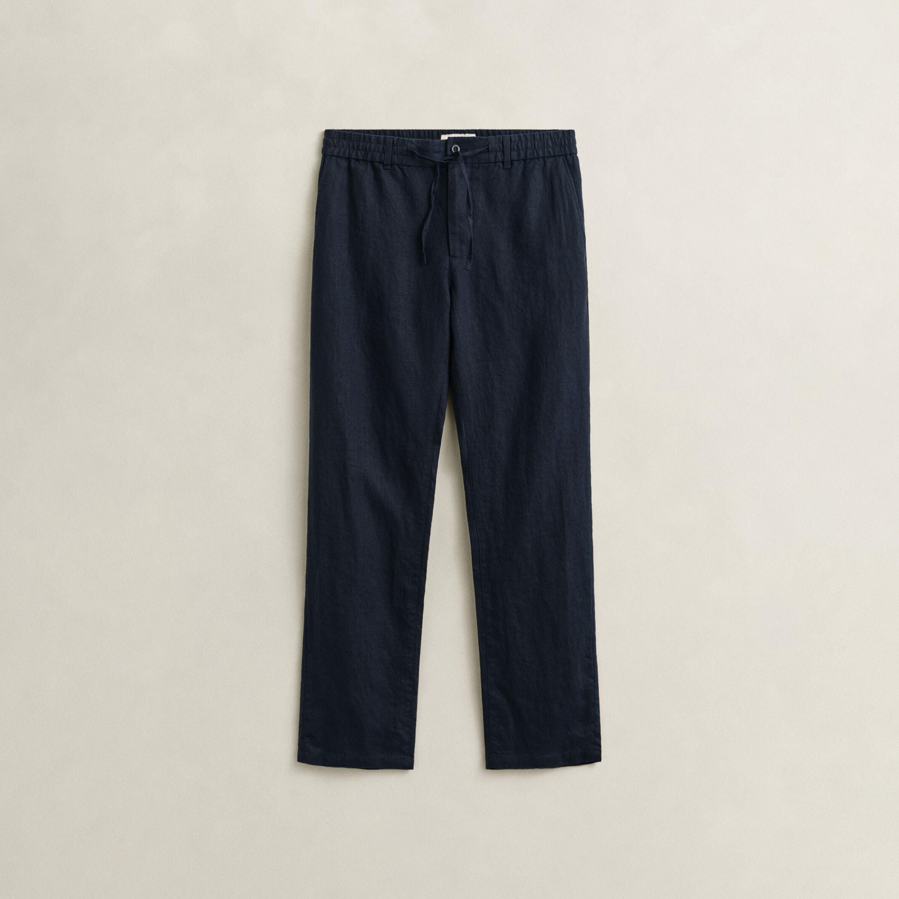 بنطال كتان رجالي سادة بخصر متوسط الارتفاع وإغلاق برباط وزر من غانت-men-clothing-bottoms-trousersandchinos-trousers-image-5