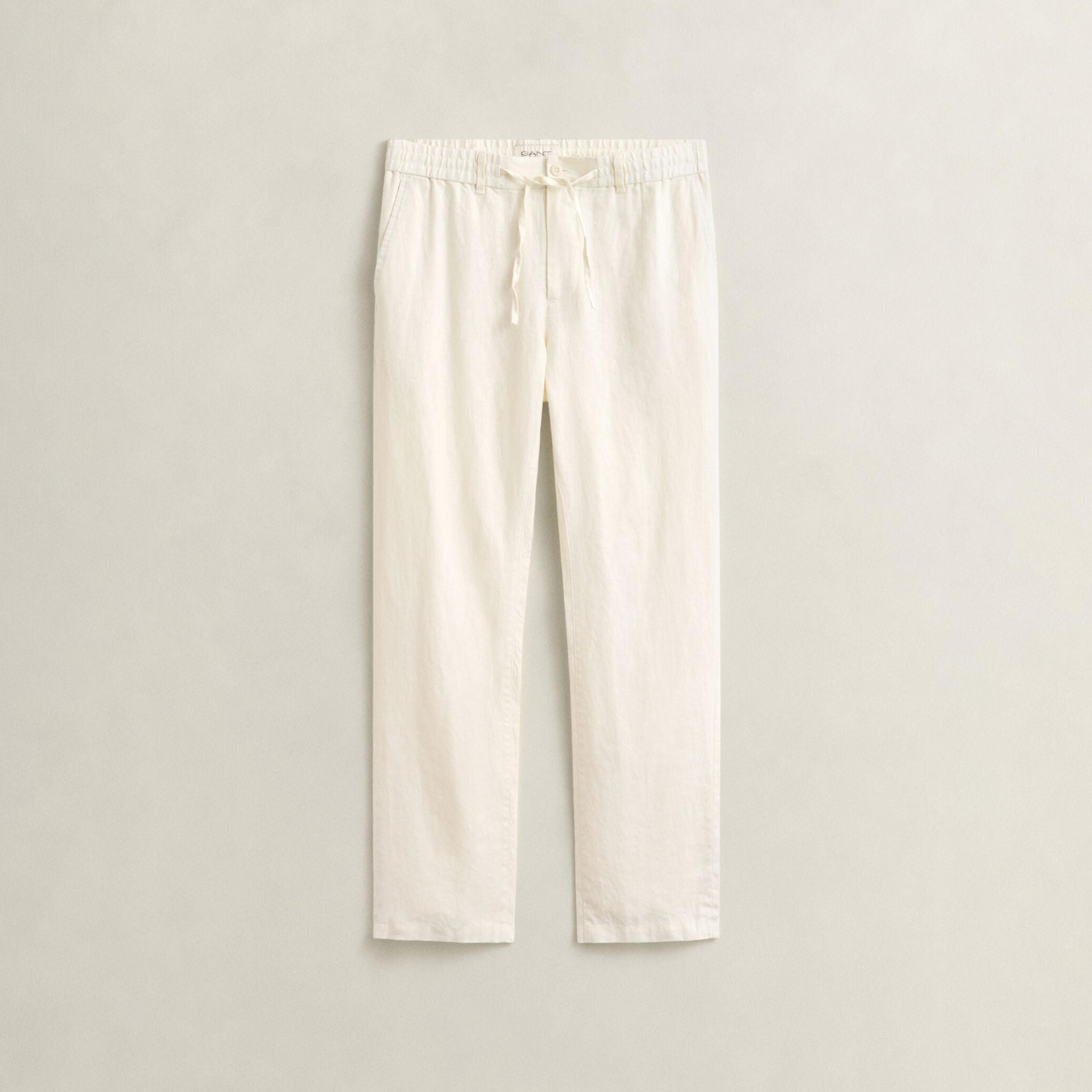 بنطال كتان رجالي سادة بخصر متوسط الارتفاع وإغلاق برباط وزر من غانت-men-clothing-bottoms-trousersandchinos-trousers-image-6
