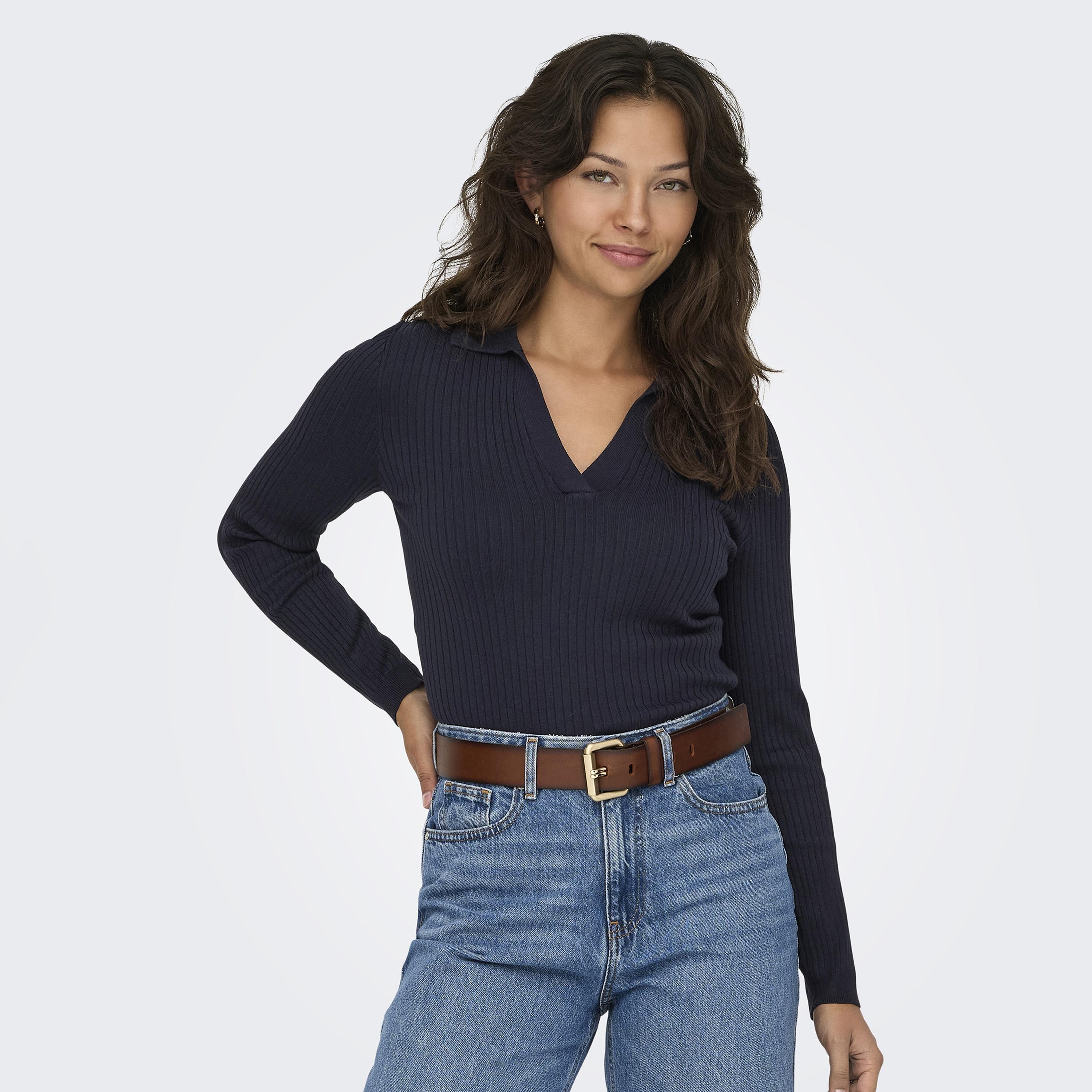 Vero Moda Blue Ribbed Johnny Collar Women's Knit Polo T-Shirt-women-clothing-tshirts-image-1