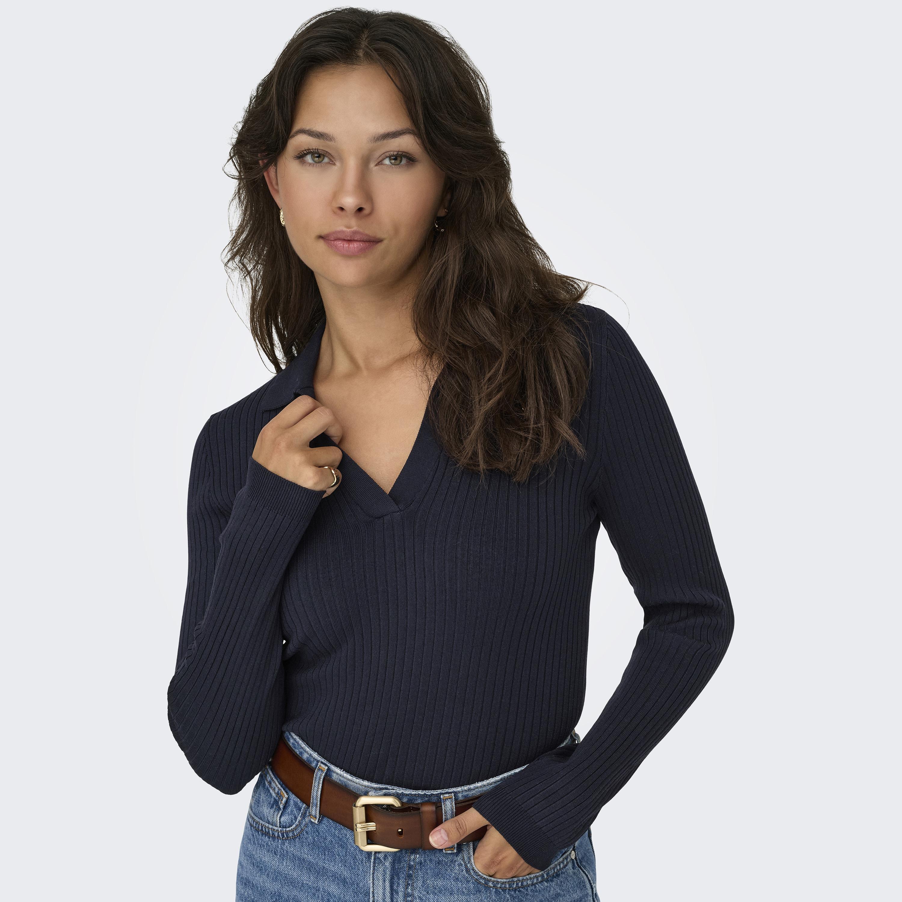 Vero Moda Blue Ribbed Johnny Collar Women's Knit Polo T-Shirt-women-clothing-tshirts-image-3