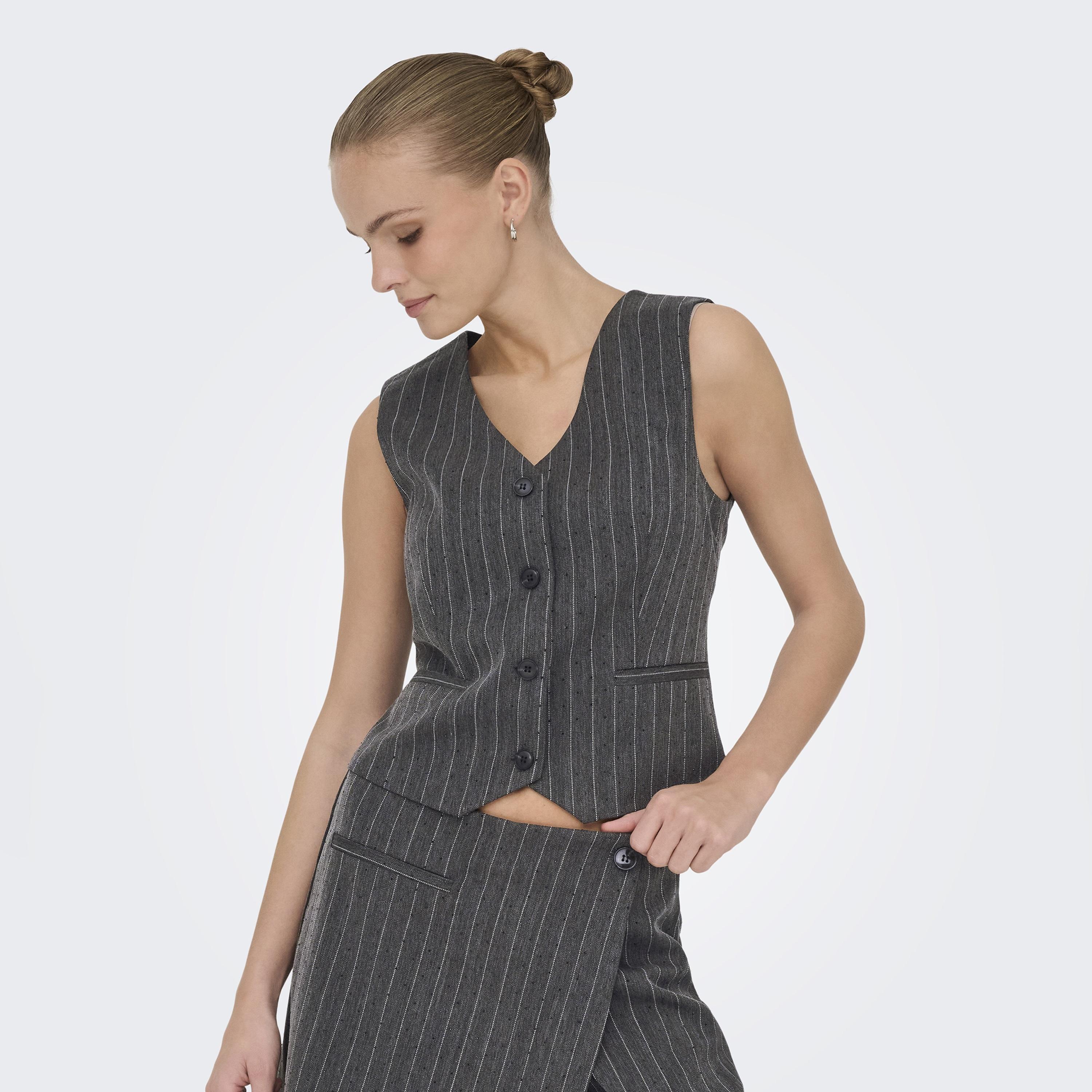 Vero Moda Charcoal Pinstripe Hotfix Stoned Women's Waistcoat-women-winterwear-coatsandjackets-waistcoats-image-1
