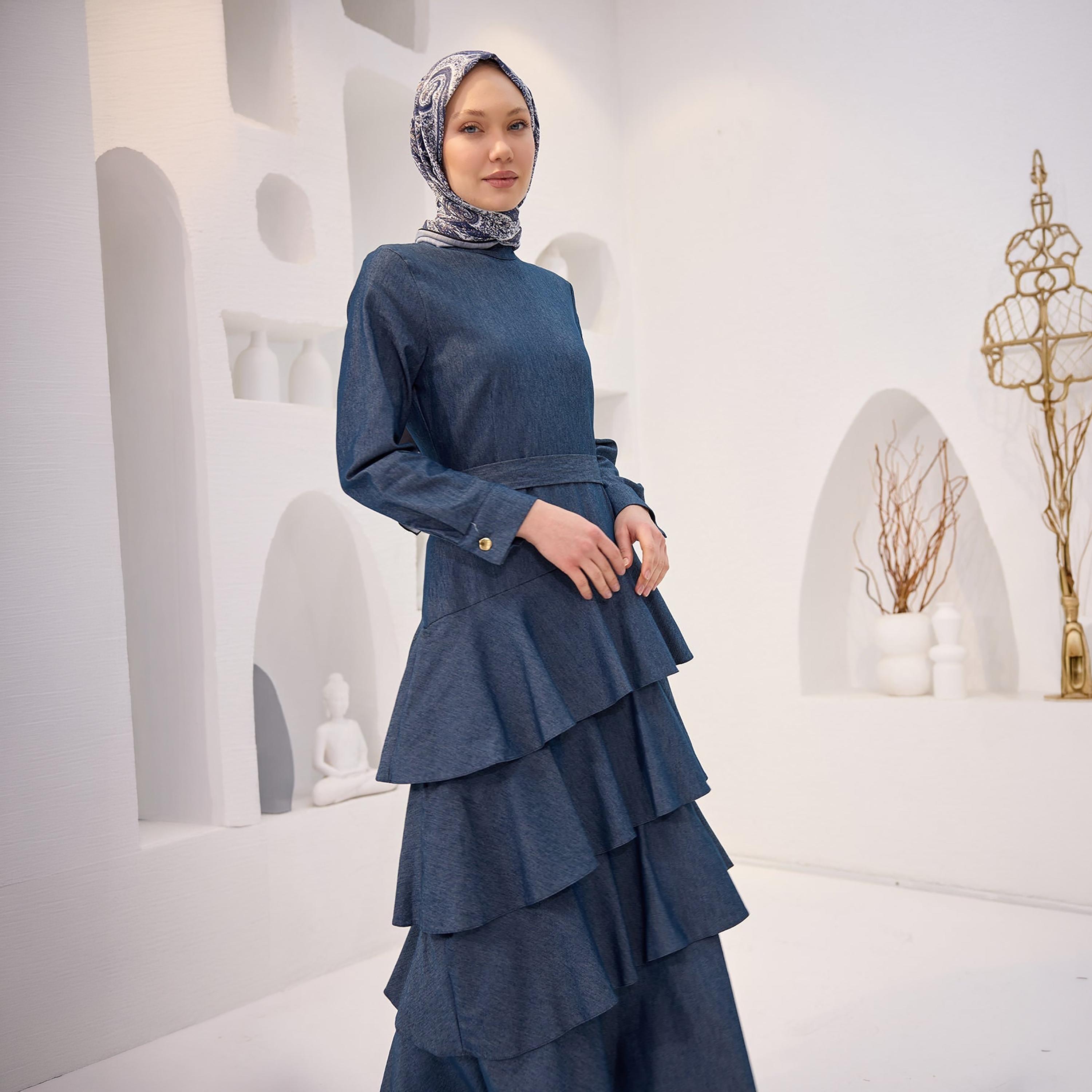 Turkish Souq Cuffed Sleeves Women's Midi Modest Dress in Poplin-women-clothing-dresses-image-2