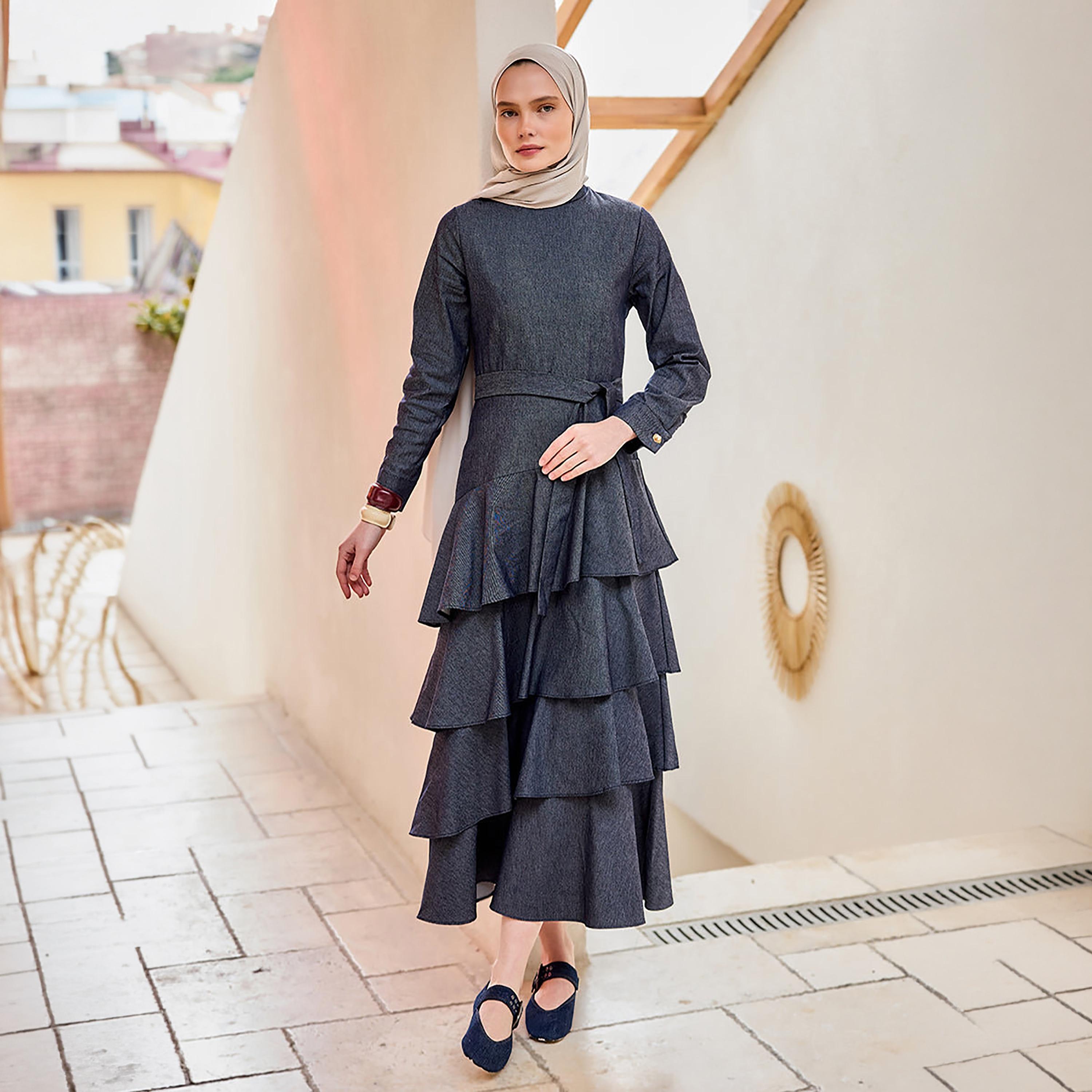 Turkish Souq Cuffed Sleeves Women's Midi Modest Dress in Poplin-women-clothing-dresses-image-1