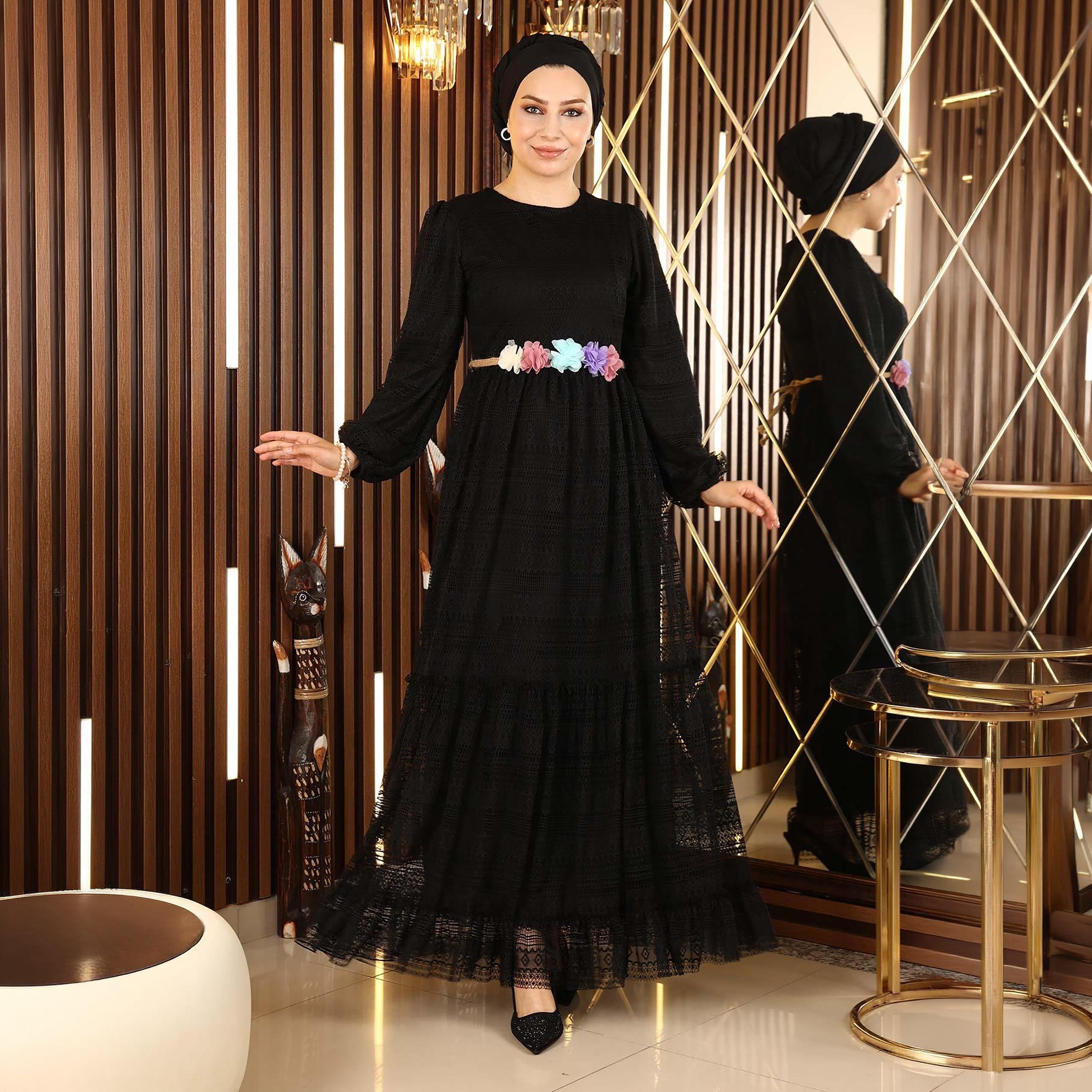 Turkish Souq Geometric Patterned Bishop Sleeves Women's Maxi Modest Dress in Lace-women-clothing-dresses-image-1