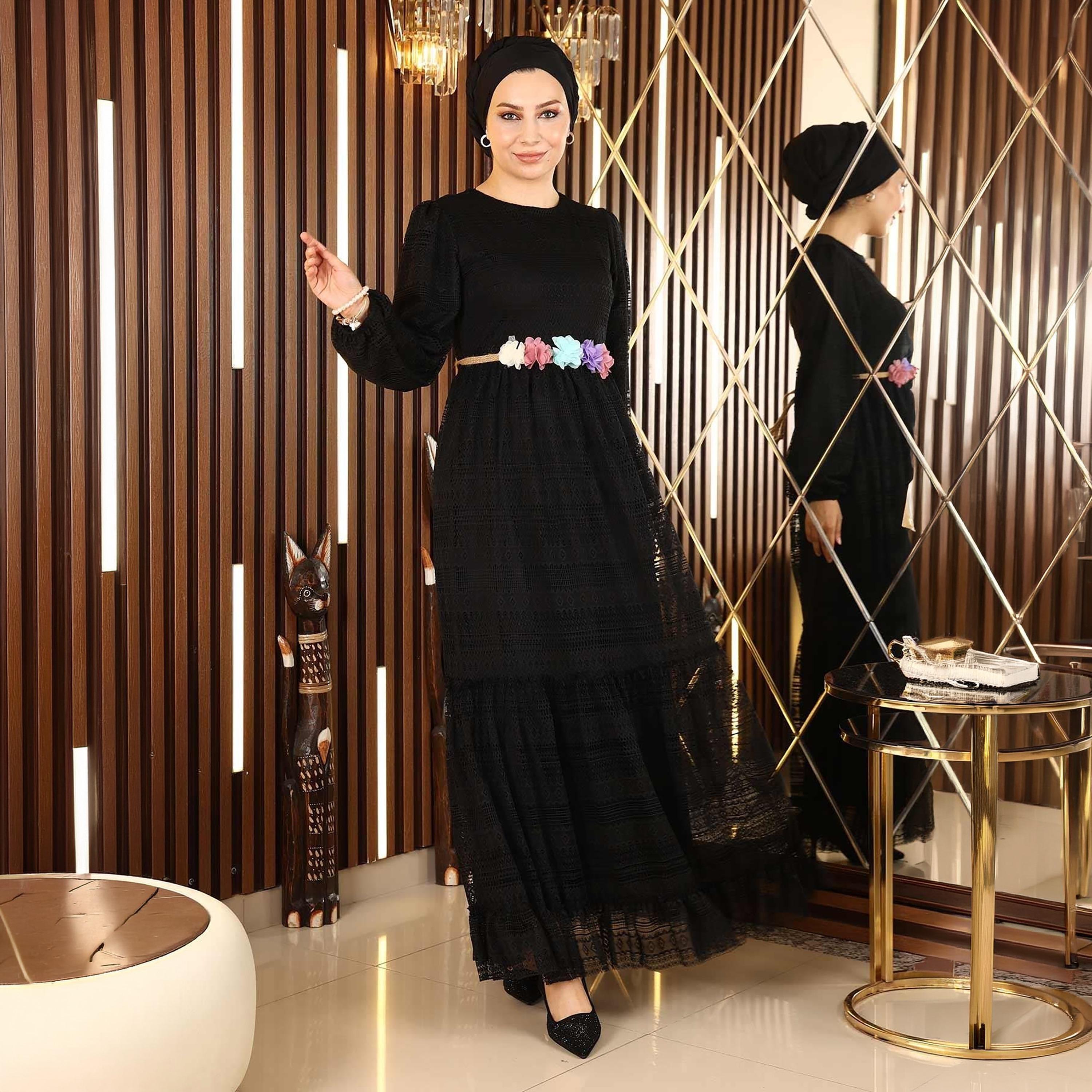 Turkish Souq Geometric Patterned Bishop Sleeves Women's Maxi Modest Dress in Lace-women-clothing-dresses-image-5