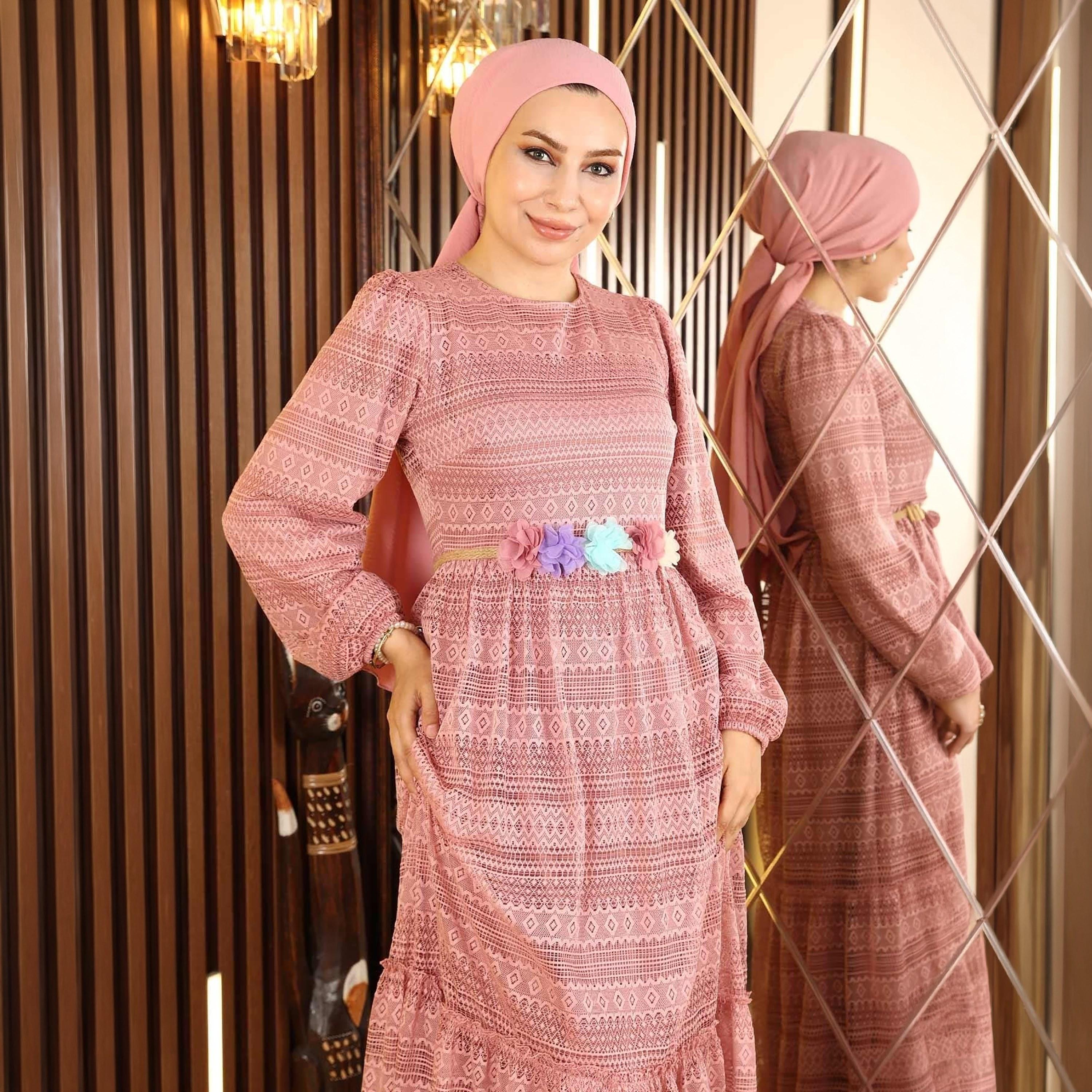 فستان ماكسي محتشم للنساء بأكمام أسقف وطبعات هندسية من قماش الدانتيل من توركيش سوق-women-clothing-dresses-image-2
