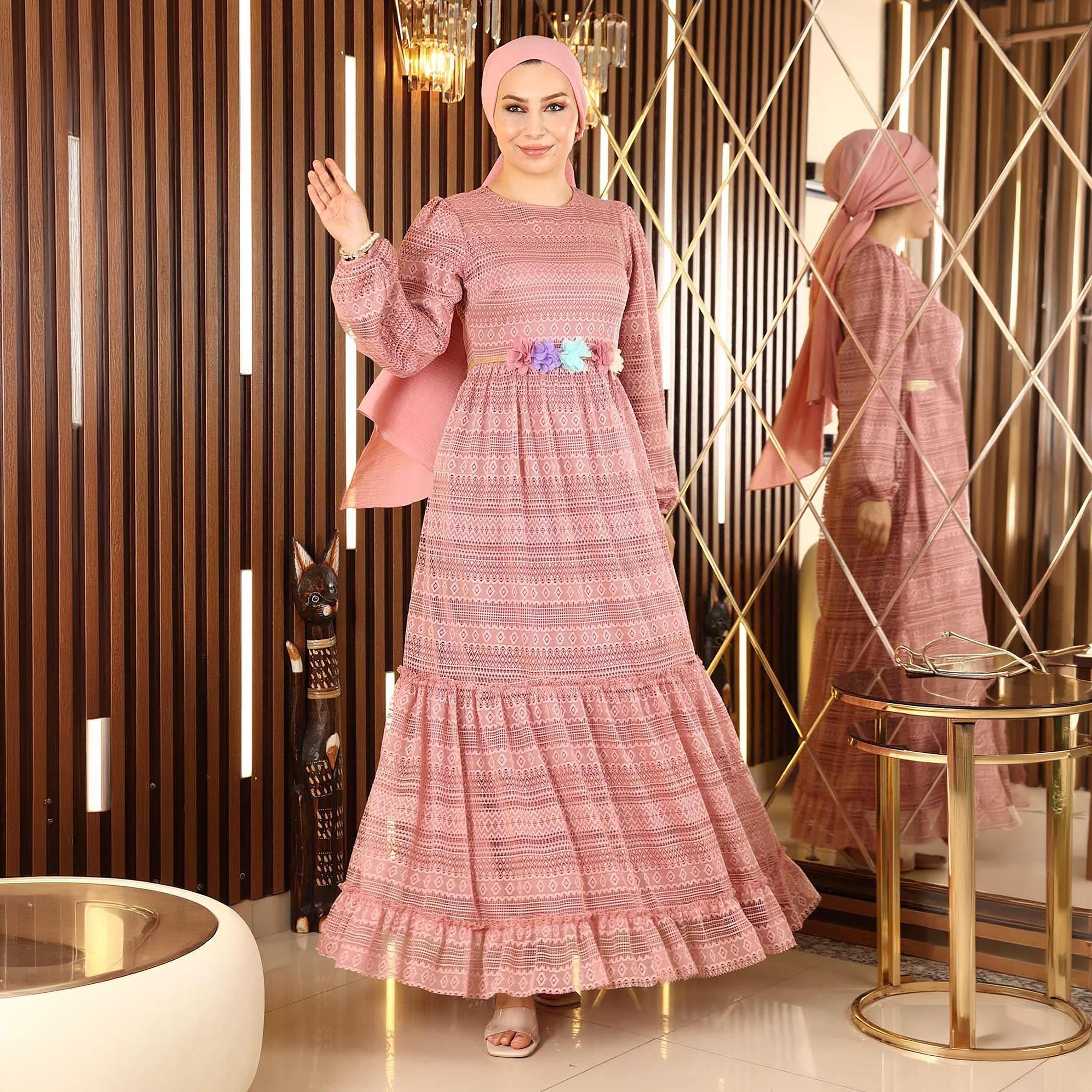 فستان ماكسي محتشم للنساء بأكمام أسقف وطبعات هندسية من قماش الدانتيل من توركيش سوق-women-clothing-dresses-image-4