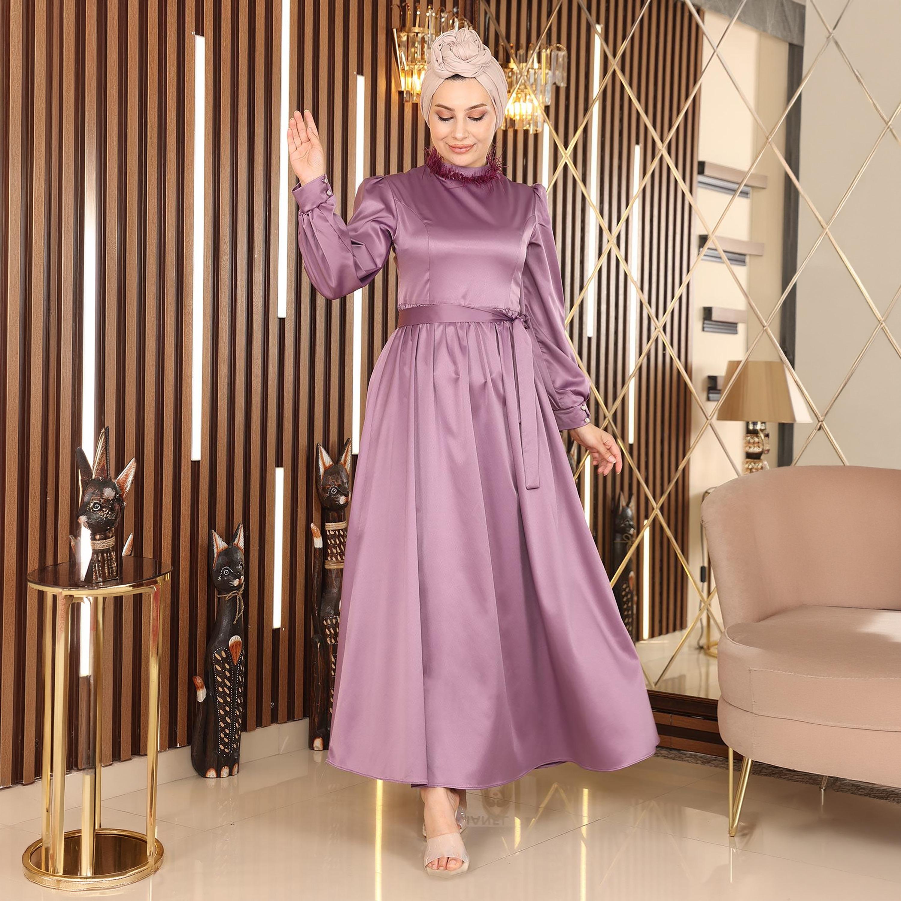 فستان سهرة ماكسي محتشم للنساء باللون الأرجواني وأكمام منفوخة من الستان من توركيش سوق-women-clothing-dresses-image-1