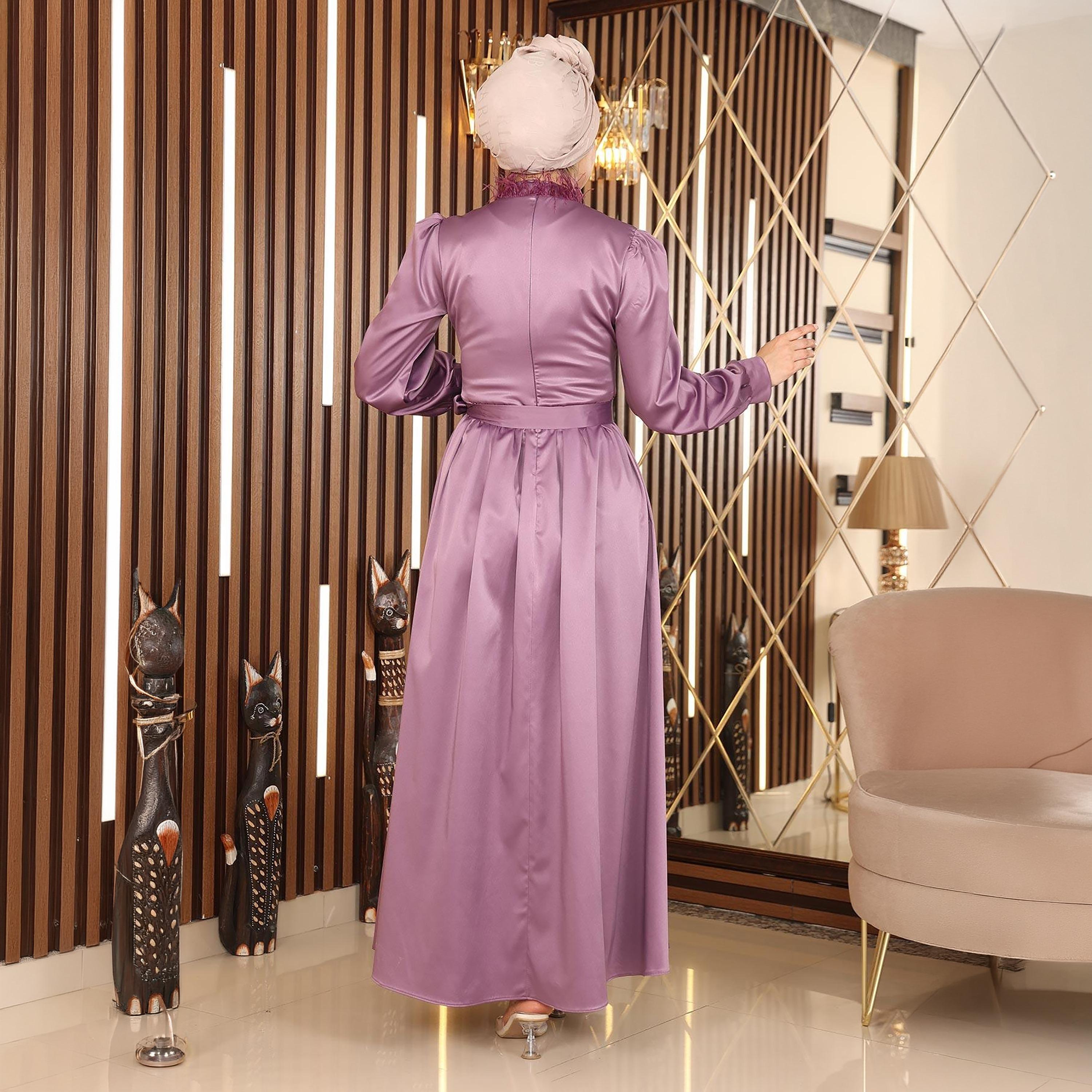 فستان سهرة ماكسي محتشم للنساء باللون الأرجواني وأكمام منفوخة من الستان من توركيش سوق-women-clothing-dresses-image-3