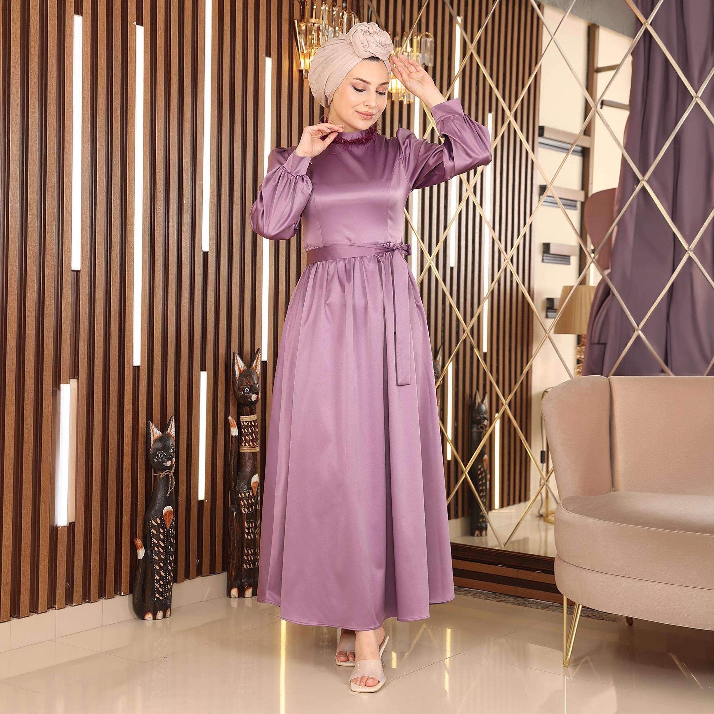 فستان سهرة ماكسي محتشم للنساء باللون الأرجواني وأكمام منفوخة من الستان من توركيش سوق-women-clothing-dresses-image-4