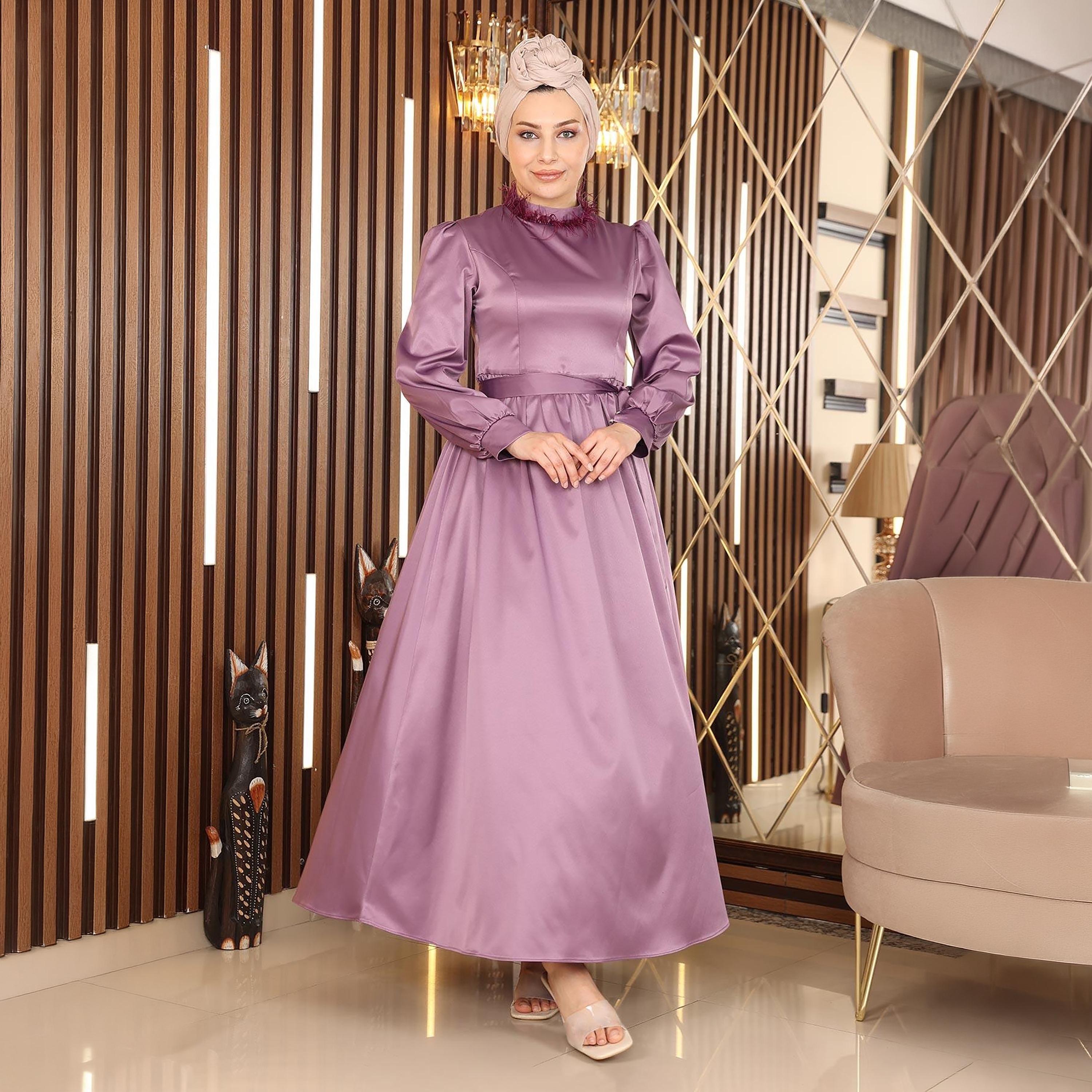 فستان سهرة ماكسي محتشم للنساء باللون الأرجواني وأكمام منفوخة من الستان من توركيش سوق-women-clothing-dresses-image-5