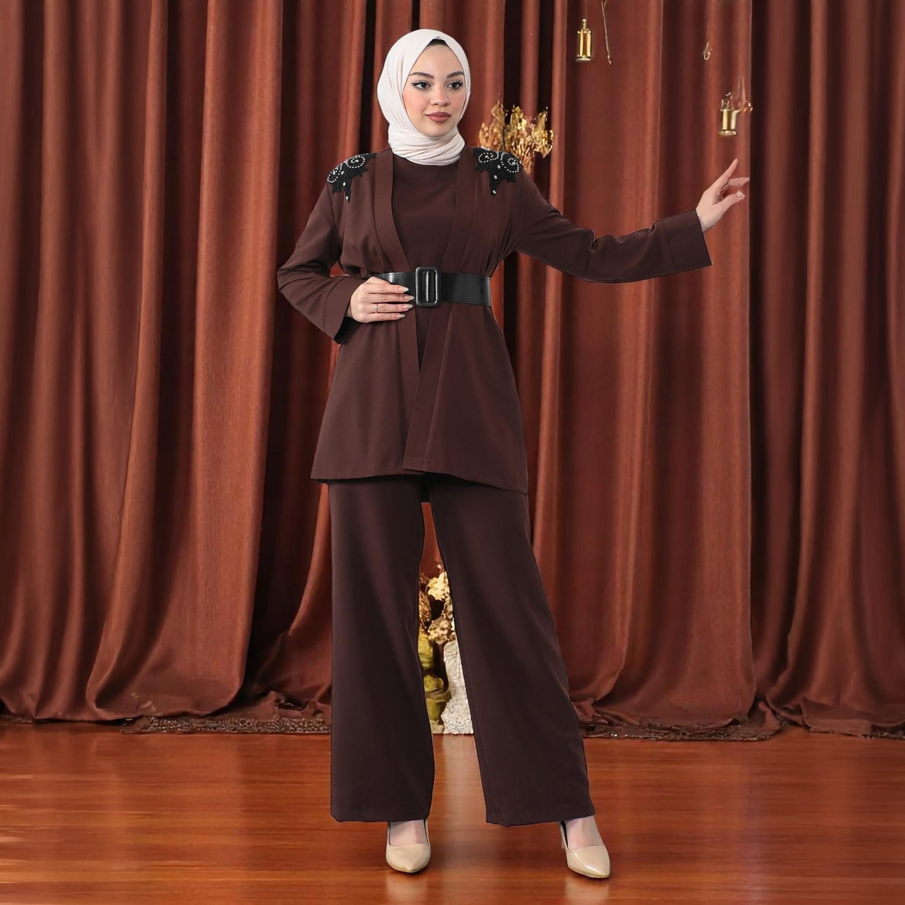 طقم نسائي من جمبسوت وجاكيت من الكريب باللون البني من توركيش سوق-women-clothing-coordsets-image-2