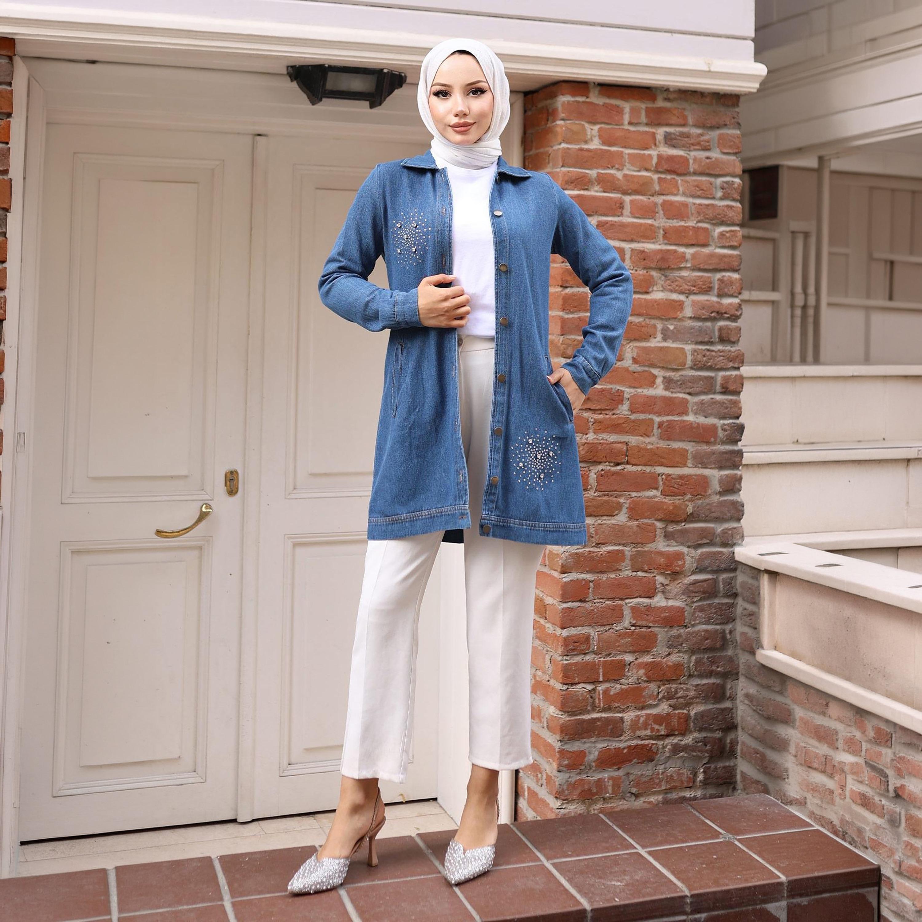 Turkish Souq Stone Work Women's Denim Shirt-women-arabicclothing-blouses-image-1