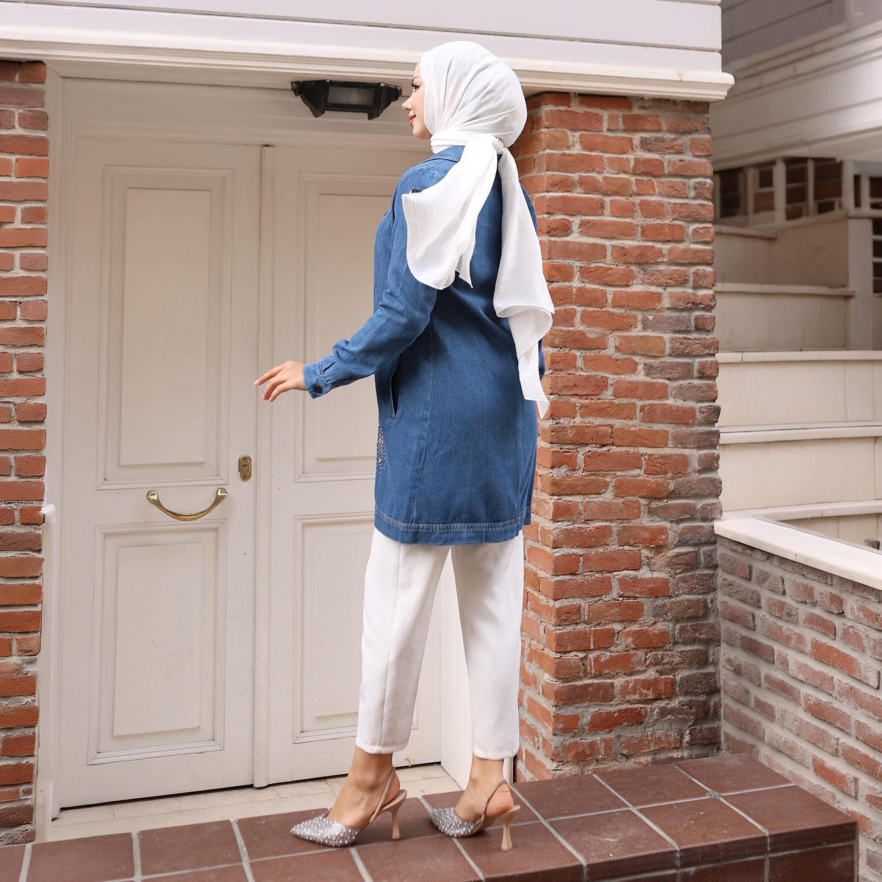 Turkish Souq Stone Work Women's Denim Shirt-women-arabicclothing-blouses-image-3