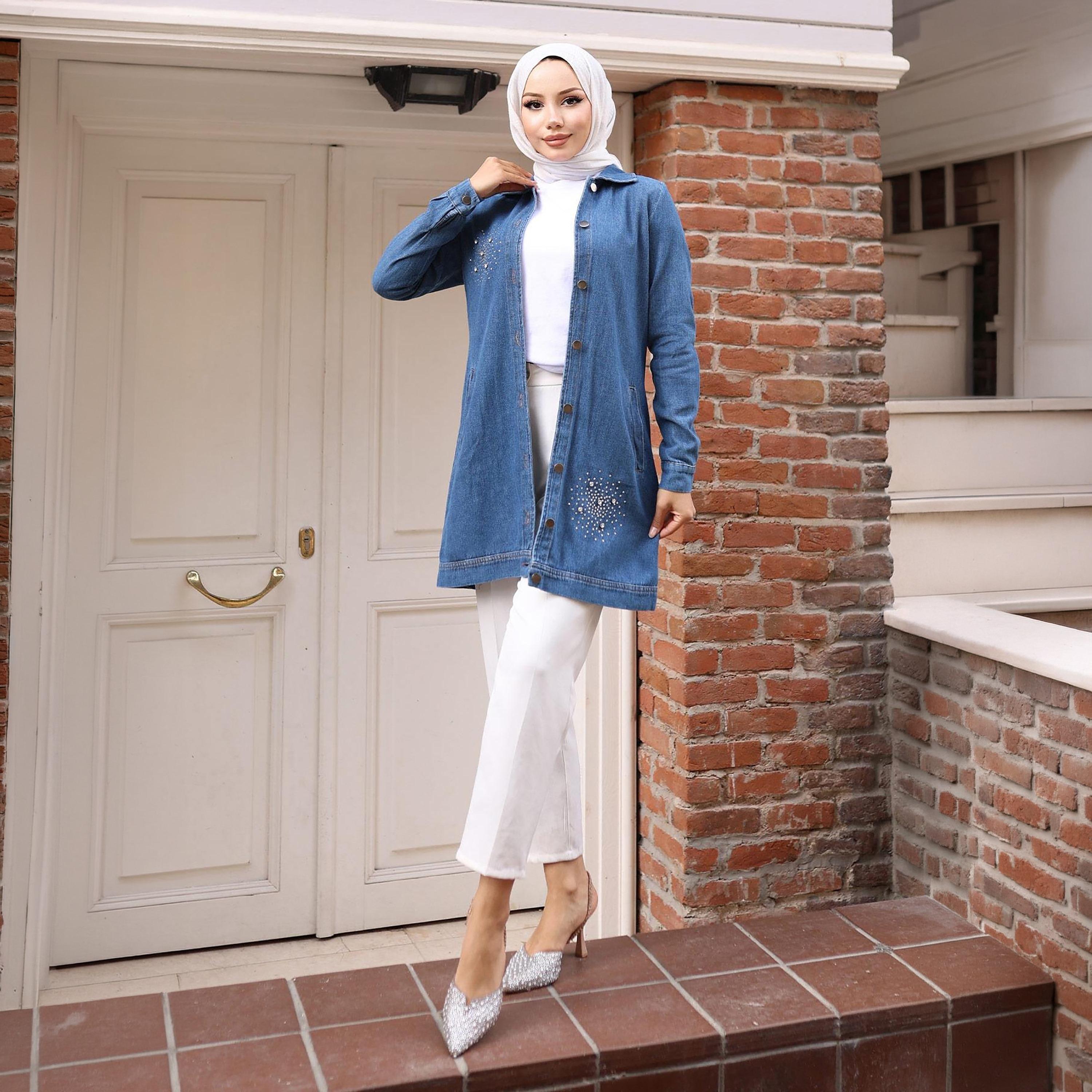 Turkish Souq Stone Work Women's Denim Shirt-women-arabicclothing-blouses-image-4