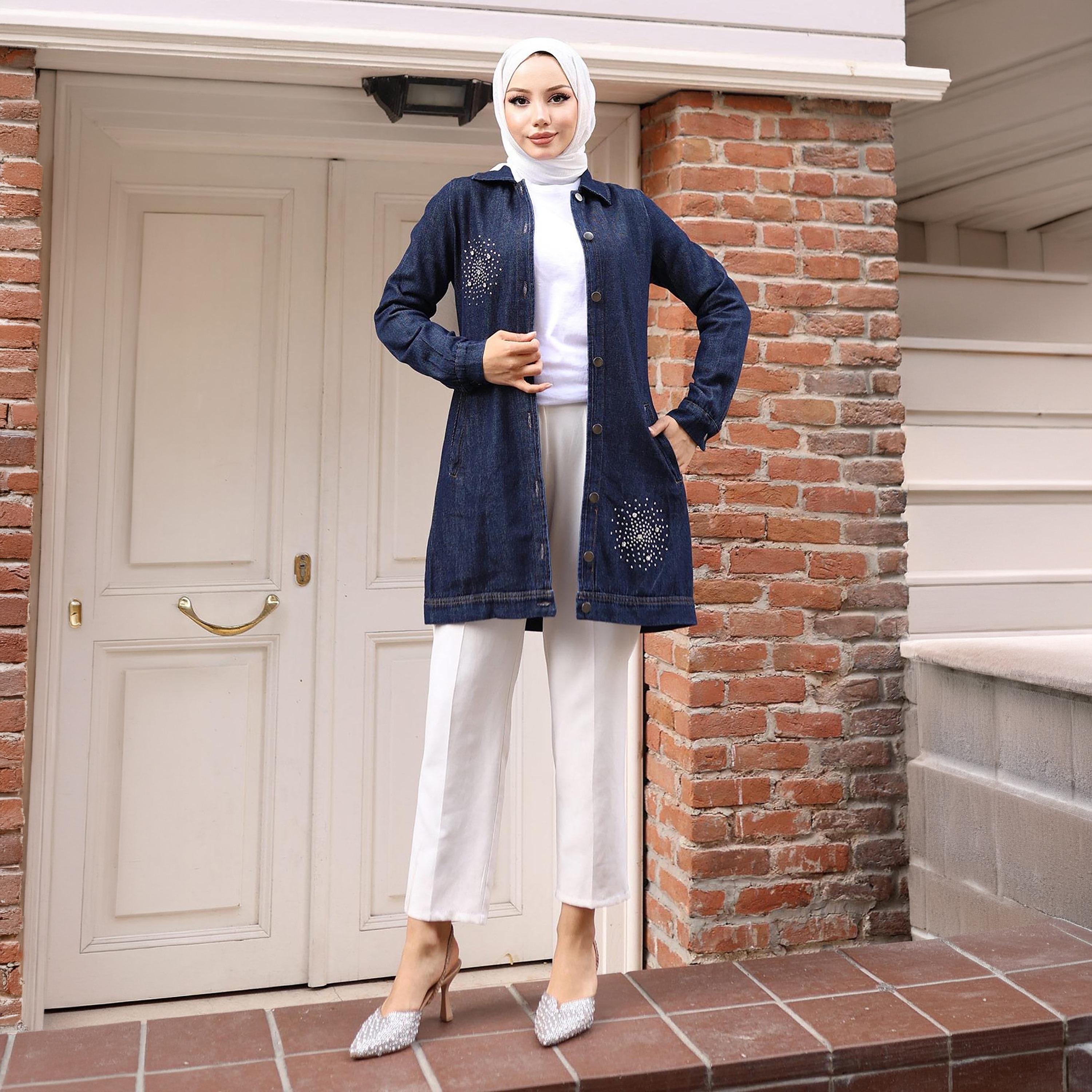 Turkish Souq Stone Work Women's Denim Shirt-women-arabicclothing-blouses-image-1
